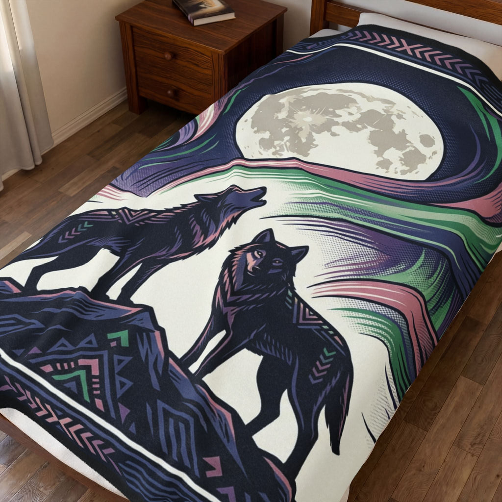 Wolf & Northern Lights—Velveteen Blanket