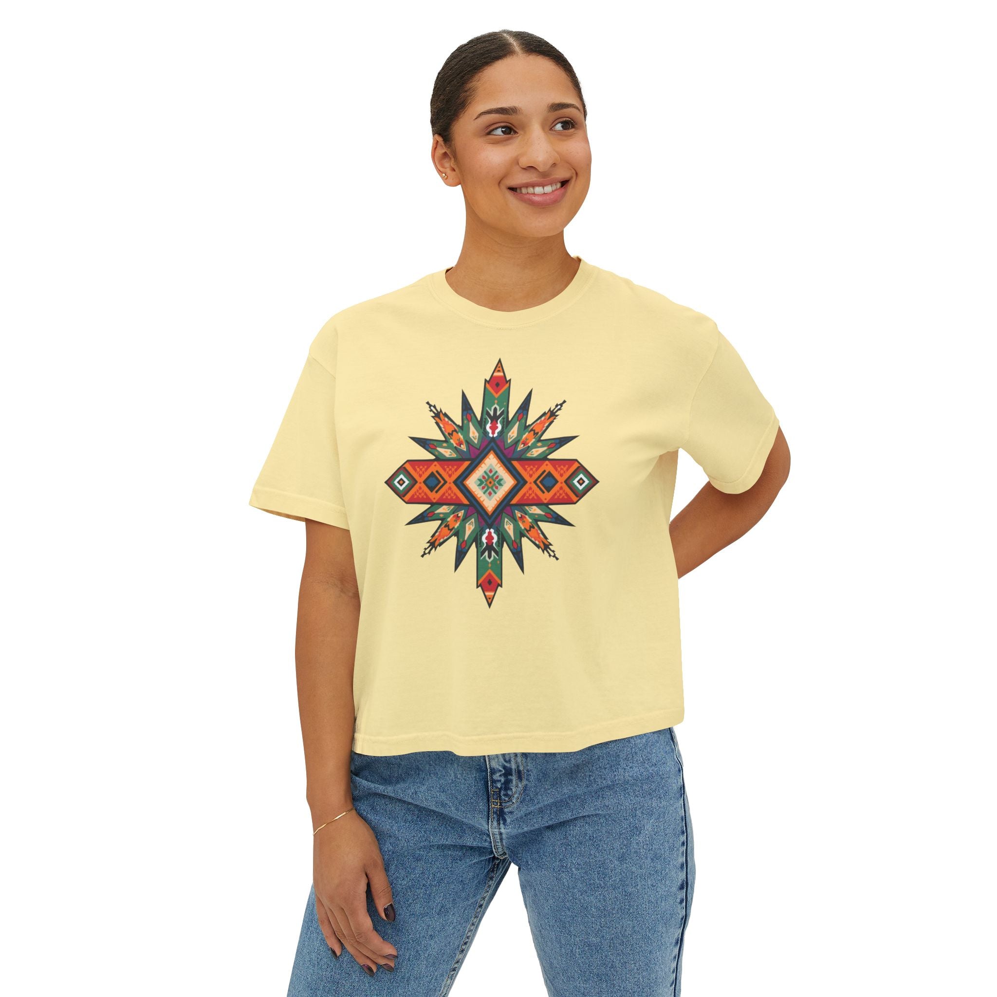 Women's Boxy Tee – Tribal Geometric Graphic