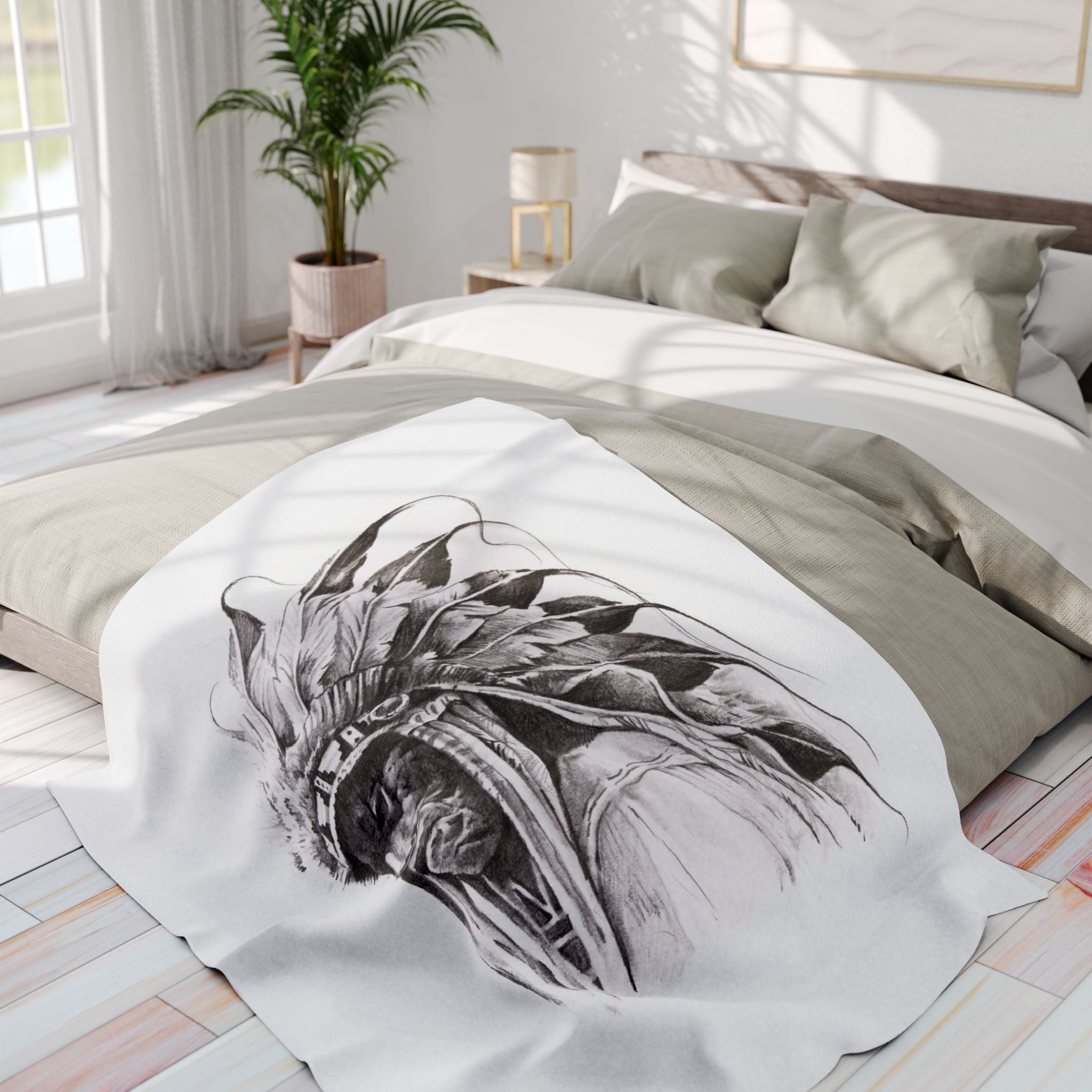 Native Chief Sketch Fleece Blanket — Monochrome Headdress Throw