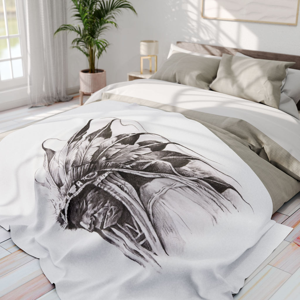 Native Chief Sketch Fleece Blanket — Monochrome Headdress Throw