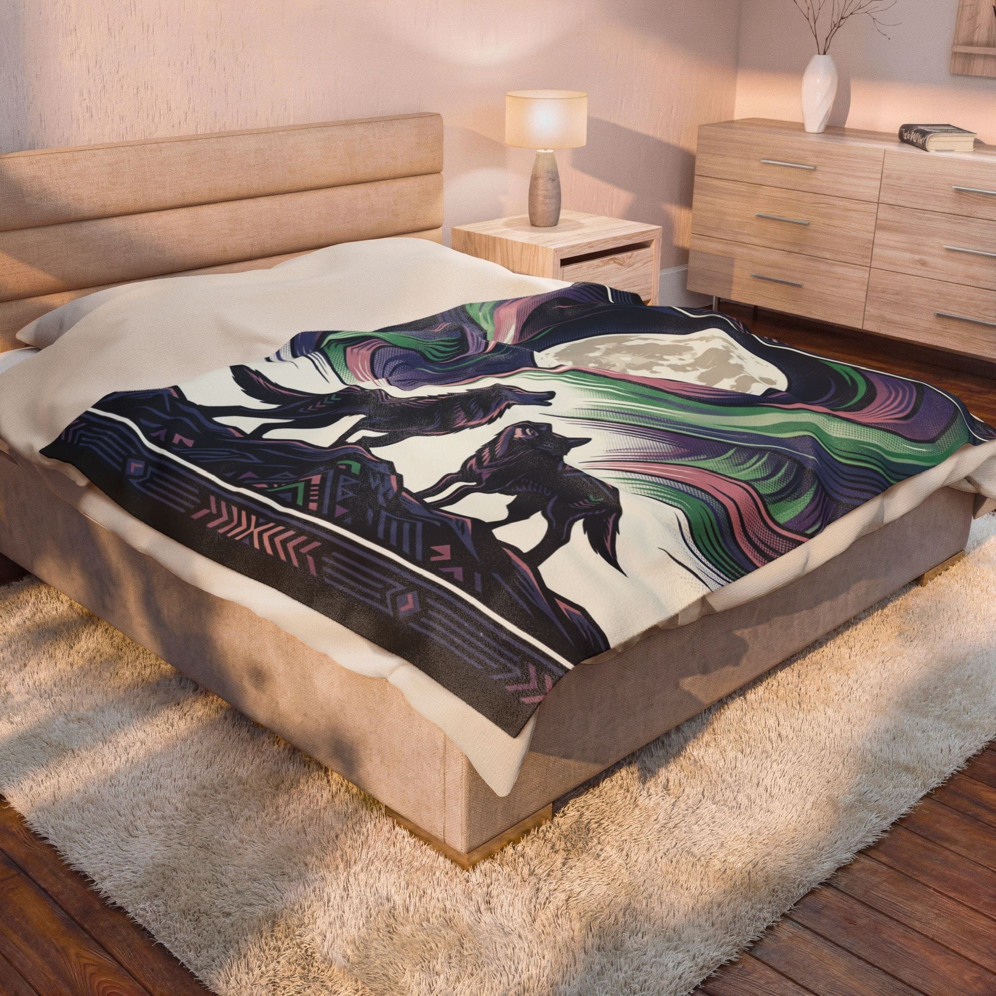 Wolf & Northern Lights—Velveteen Blanket
