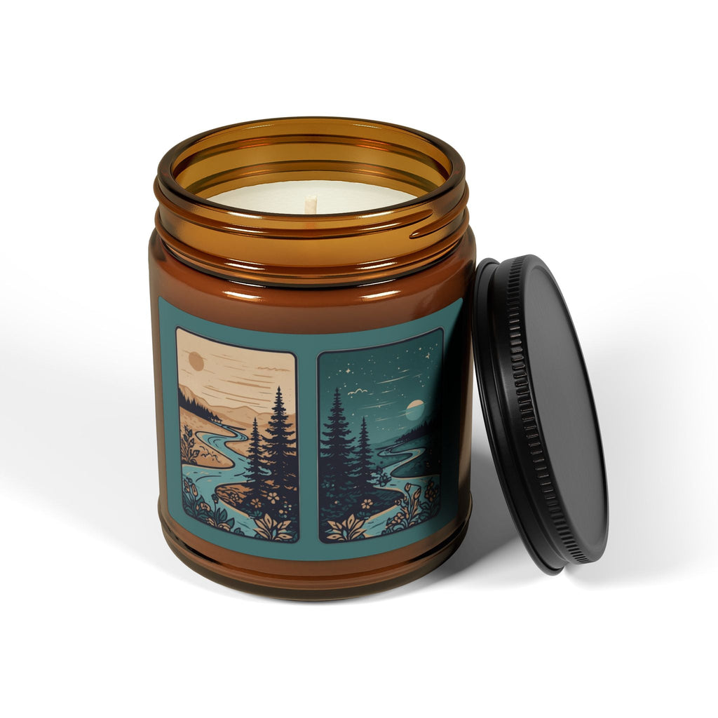Soy Candle — Rustic Pine & River Scene (Amber Jar, Multi-Size)