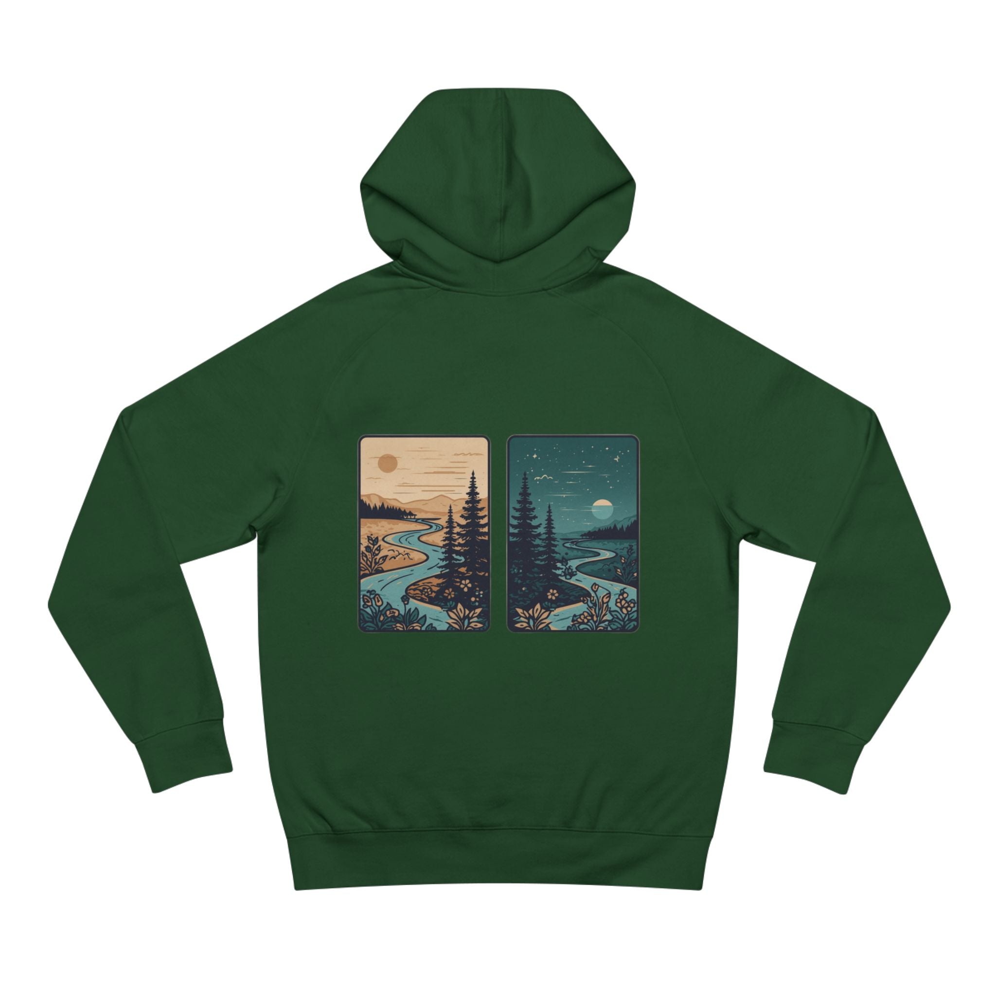Minimalist Nature Hoodie — Scenic Day & Night River Graphic