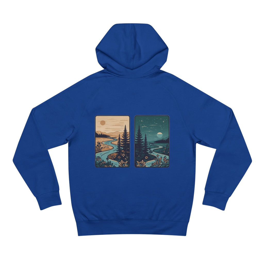 Minimalist Nature Hoodie — Scenic Day & Night River Graphic
