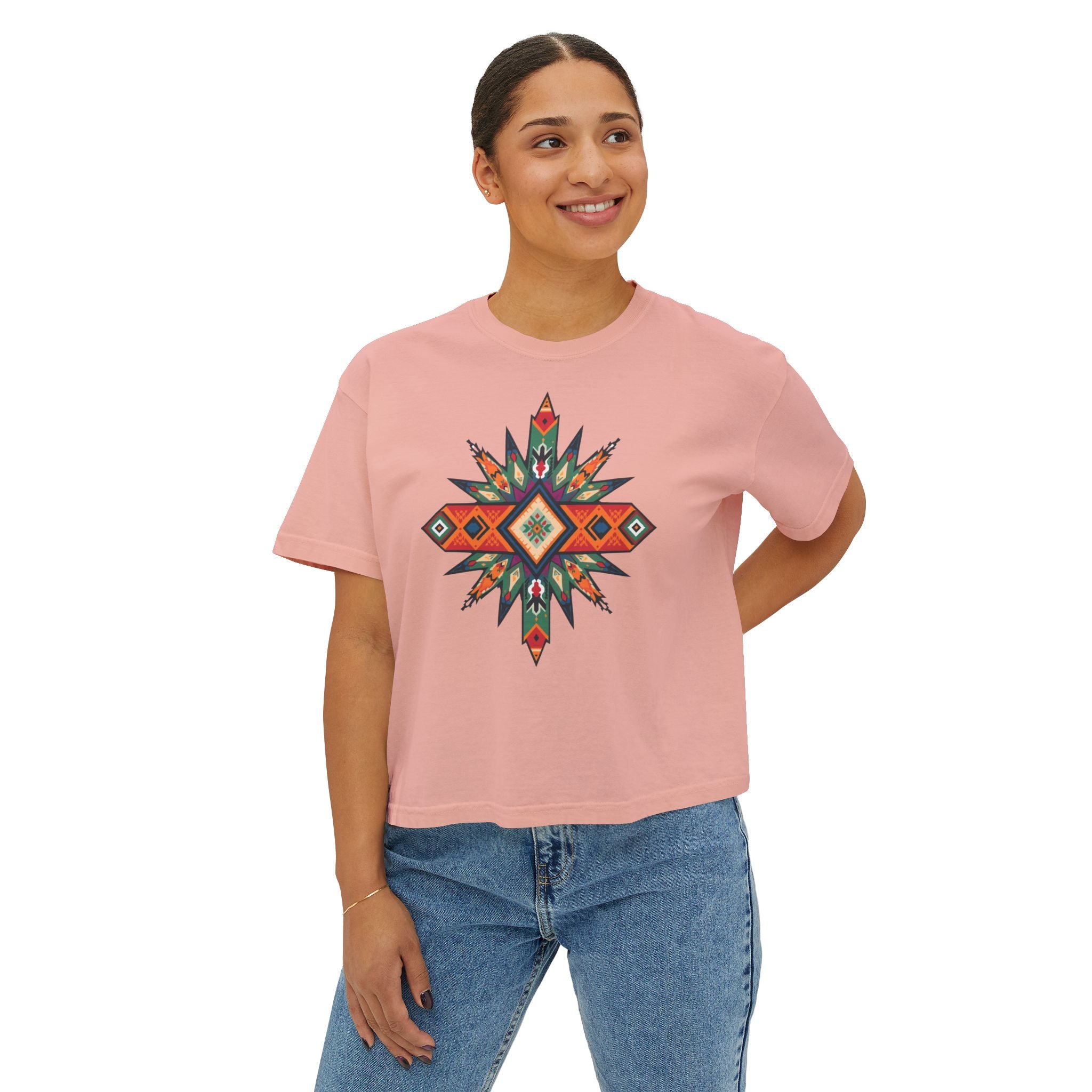 Women's Boxy Tee – Tribal Geometric Graphic