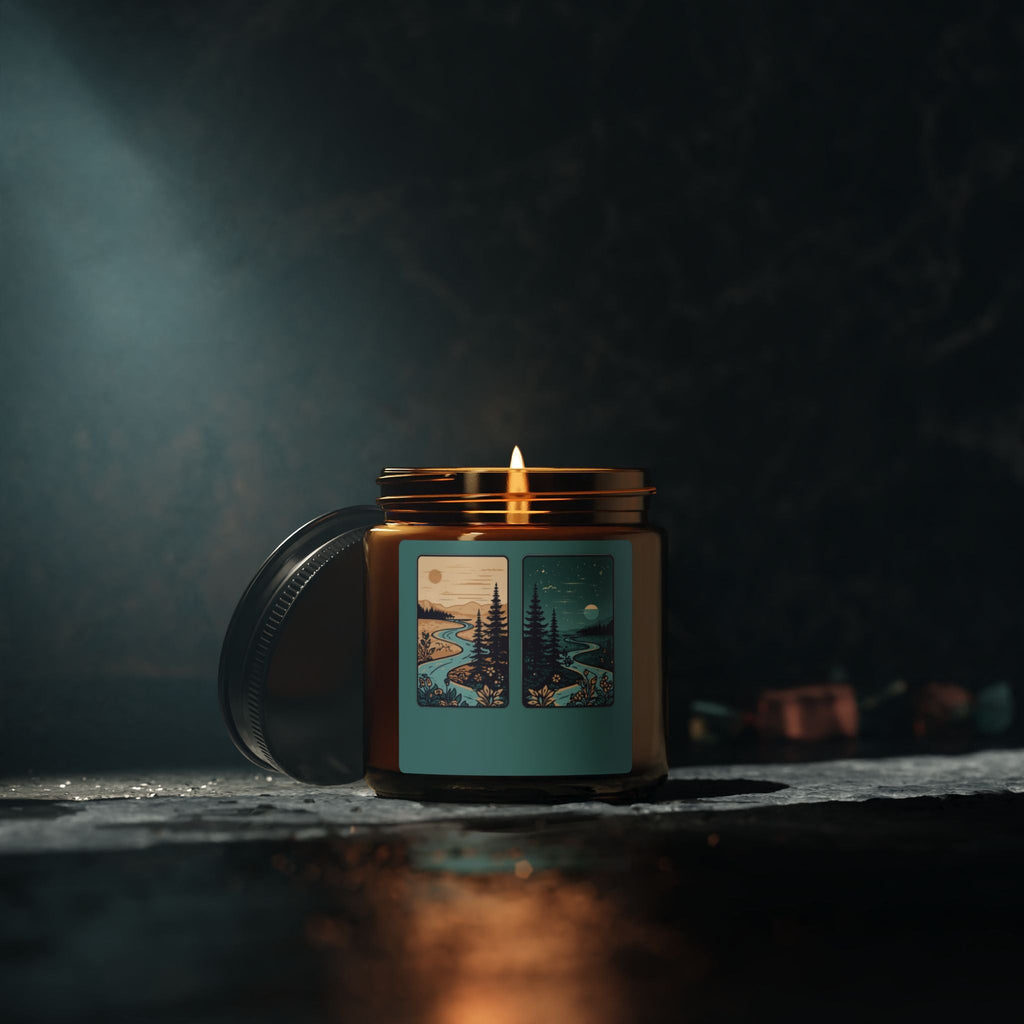 Soy Candle — Rustic Pine & River Scene (Amber Jar, Multi-Size)