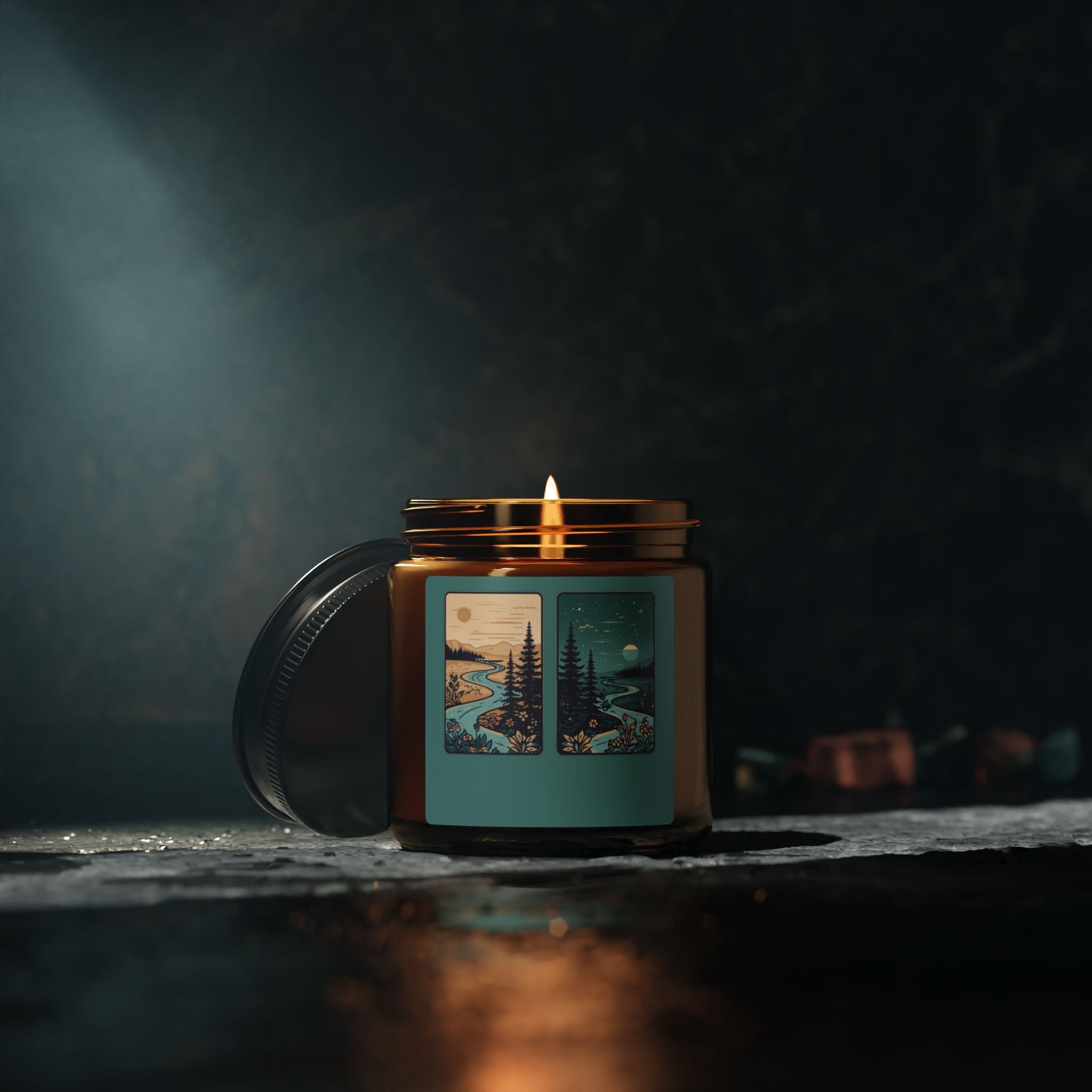 Soy Candle — Rustic Pine & River Scene (Amber Jar, Multi-Size)
