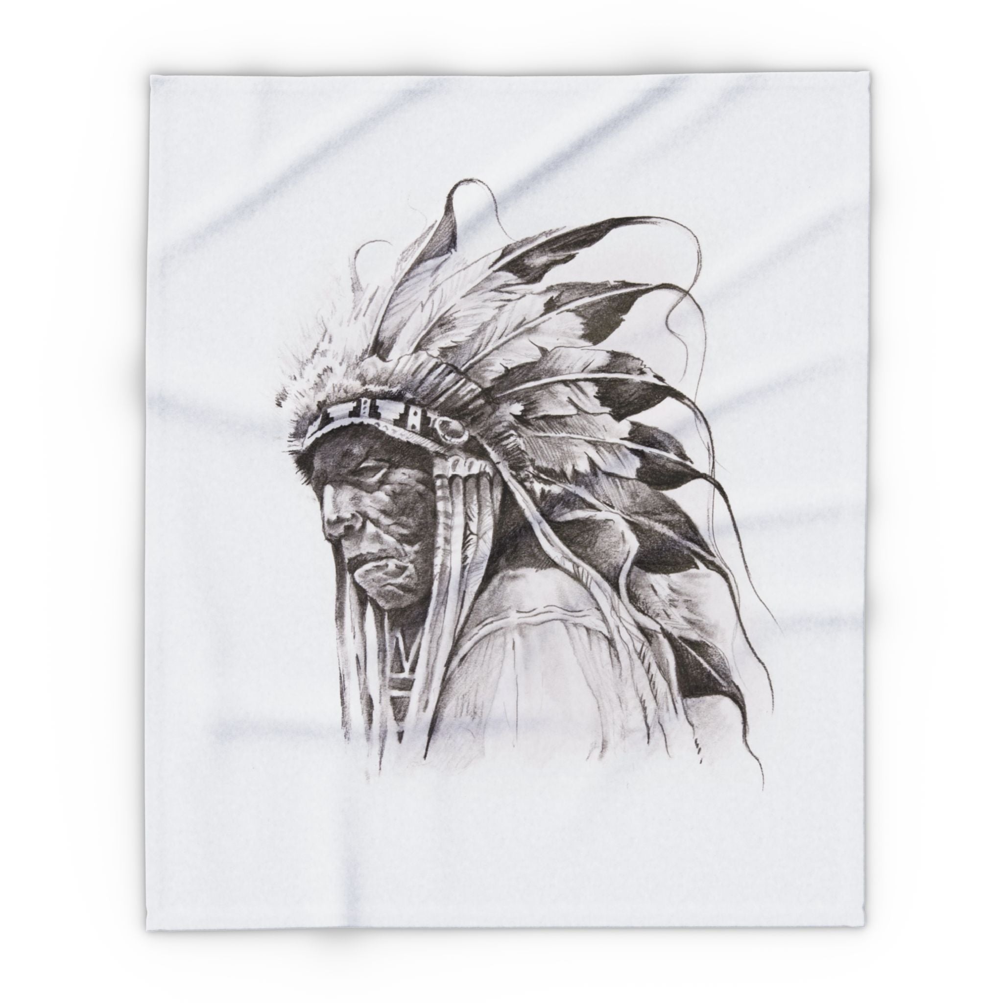 Native Chief Sketch Fleece Blanket — Monochrome Headdress Throw