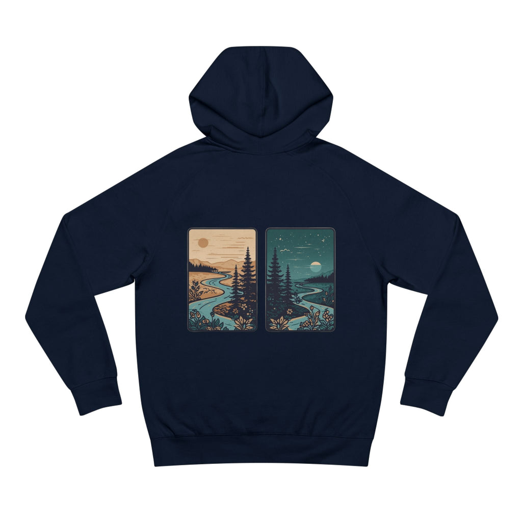 Minimalist Nature Hoodie — Scenic Day & Night River Graphic