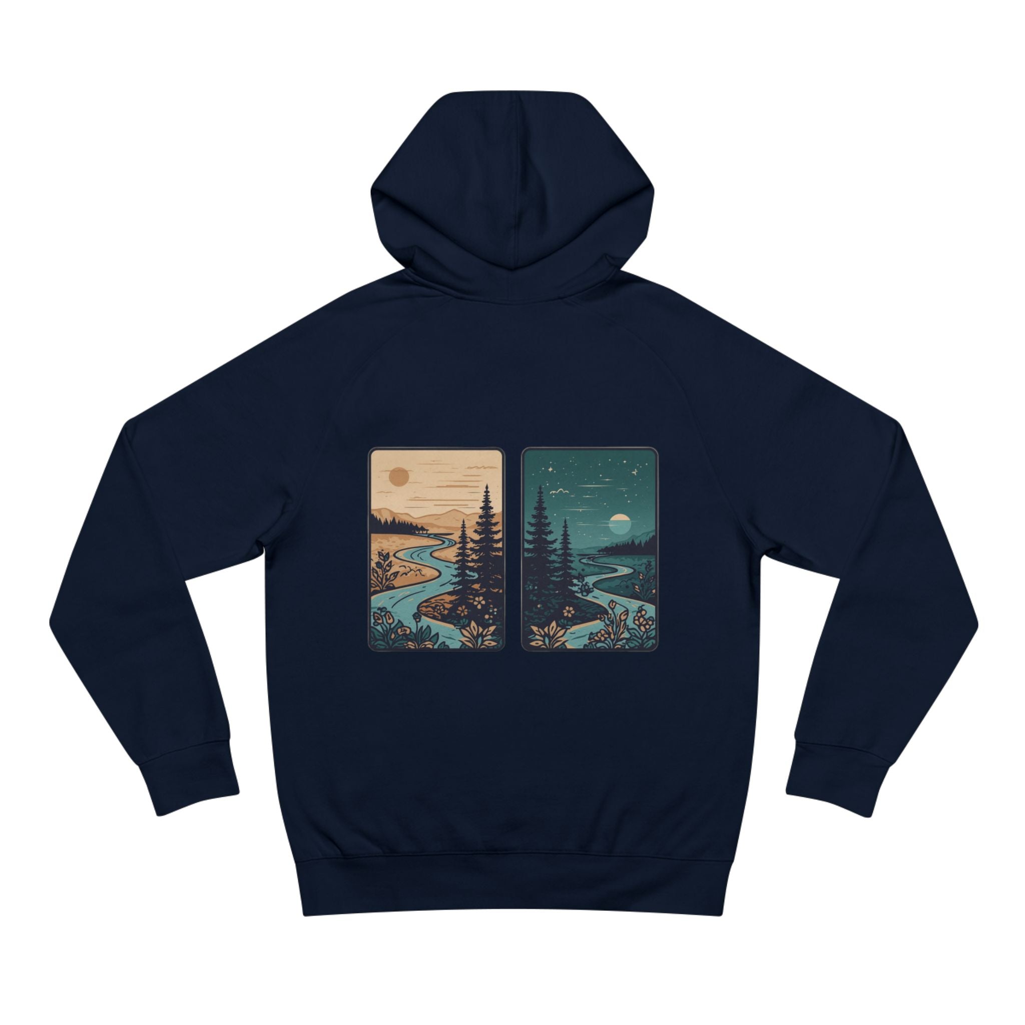 Minimalist Nature Hoodie — Scenic Day & Night River Graphic