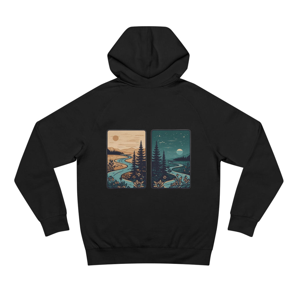 Minimalist Nature Hoodie — Scenic Day & Night River Graphic