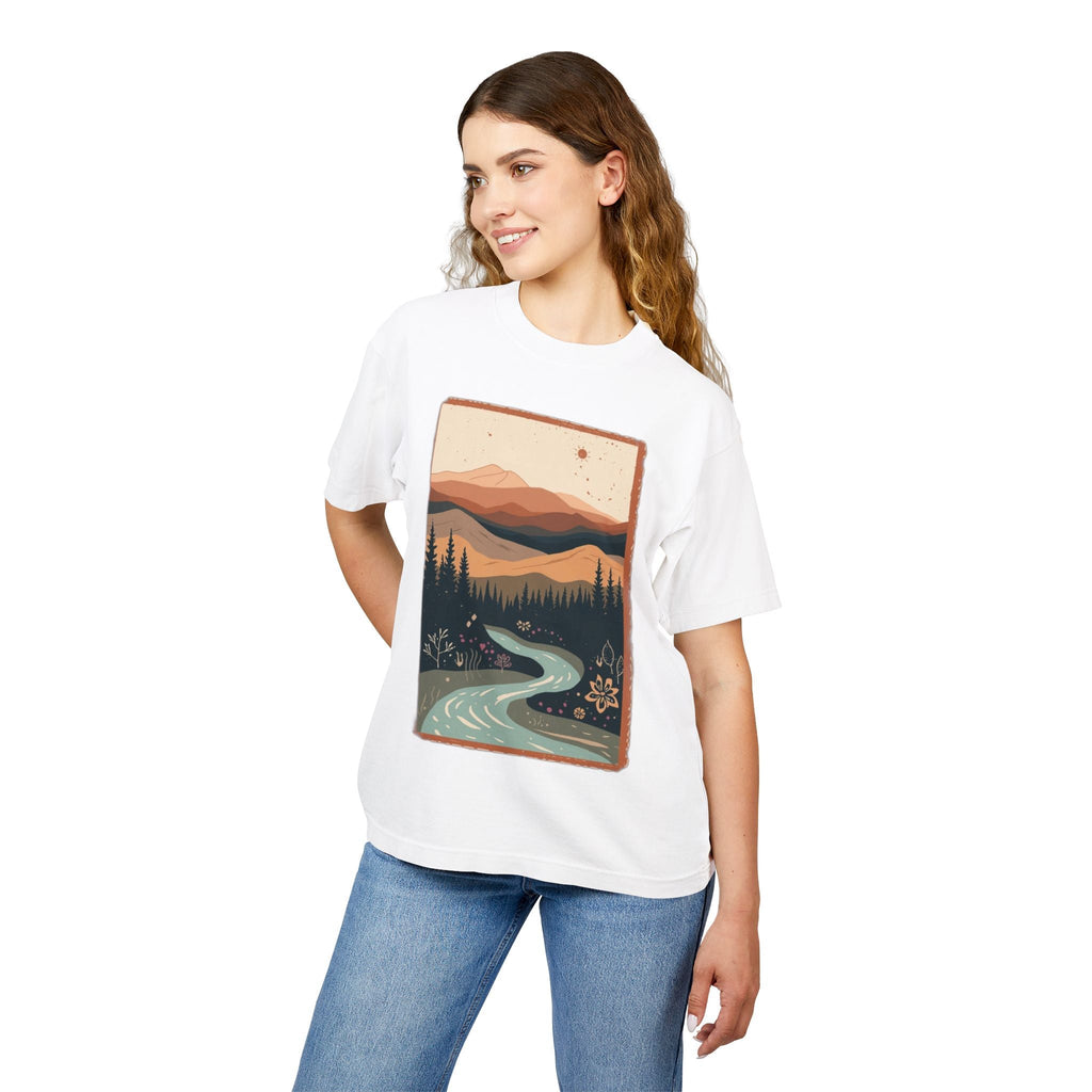 T-shirt graphique nature rivière — T-shirt paysage de montagne rétro
