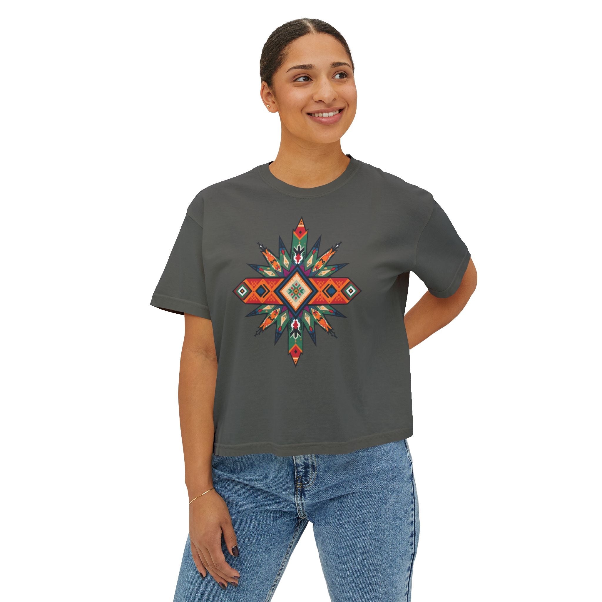 Women's Boxy Tee – Tribal Geometric Graphic