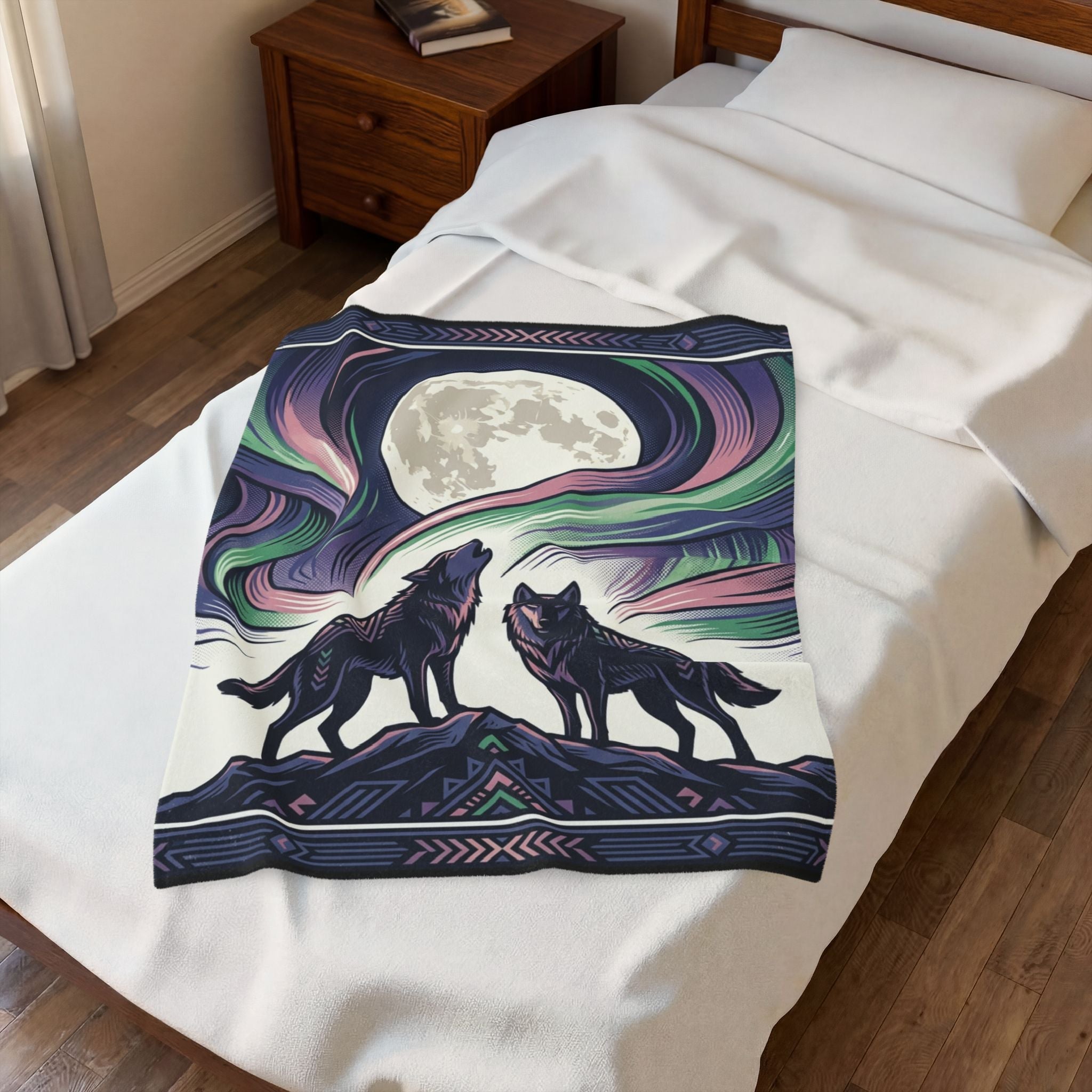 Wolf & Northern Lights—Velveteen Blanket