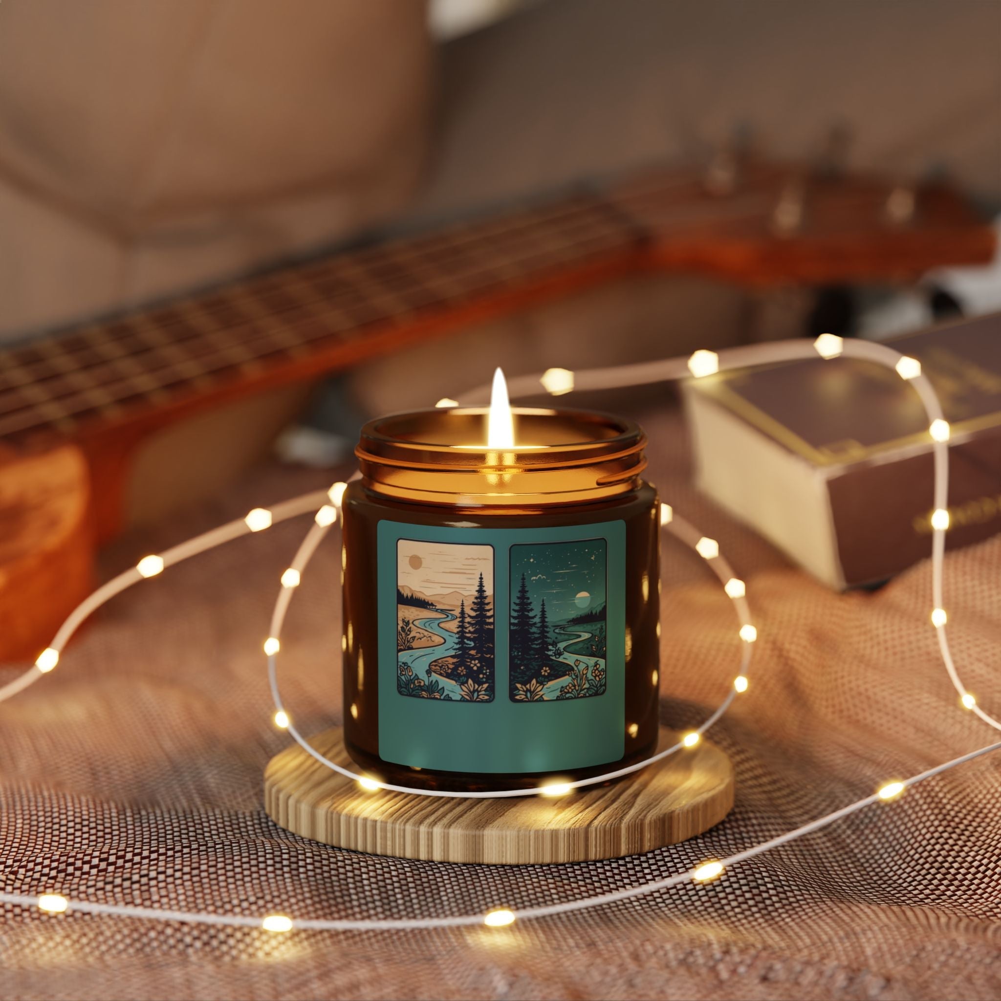 Soy Candle — Rustic Pine & River Scene (Amber Jar, Multi-Size)