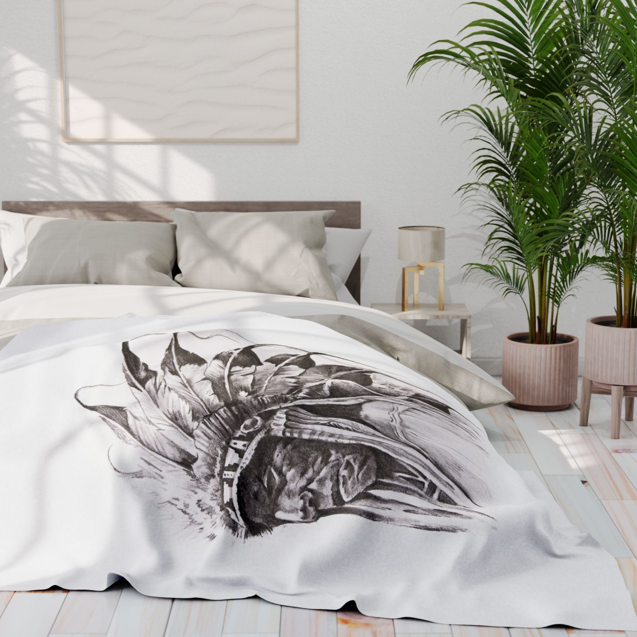 Native Chief Sketch Fleece Blanket — Monochrome Headdress Throw