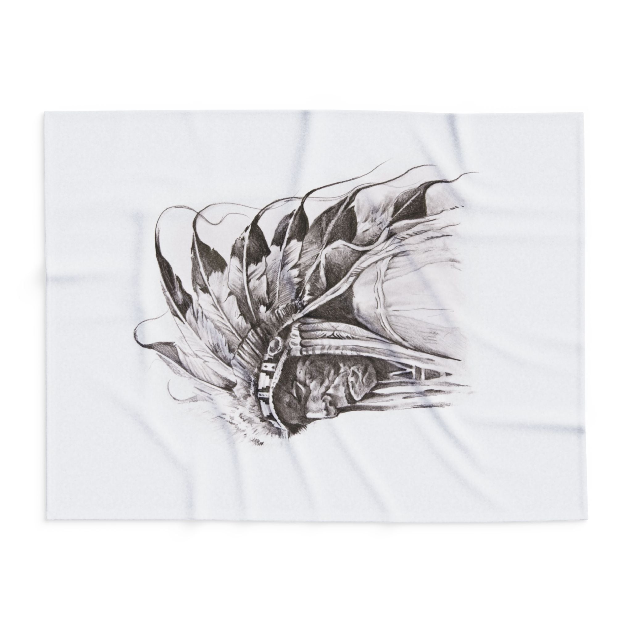 Native Chief Sketch Fleece Blanket — Monochrome Headdress Throw