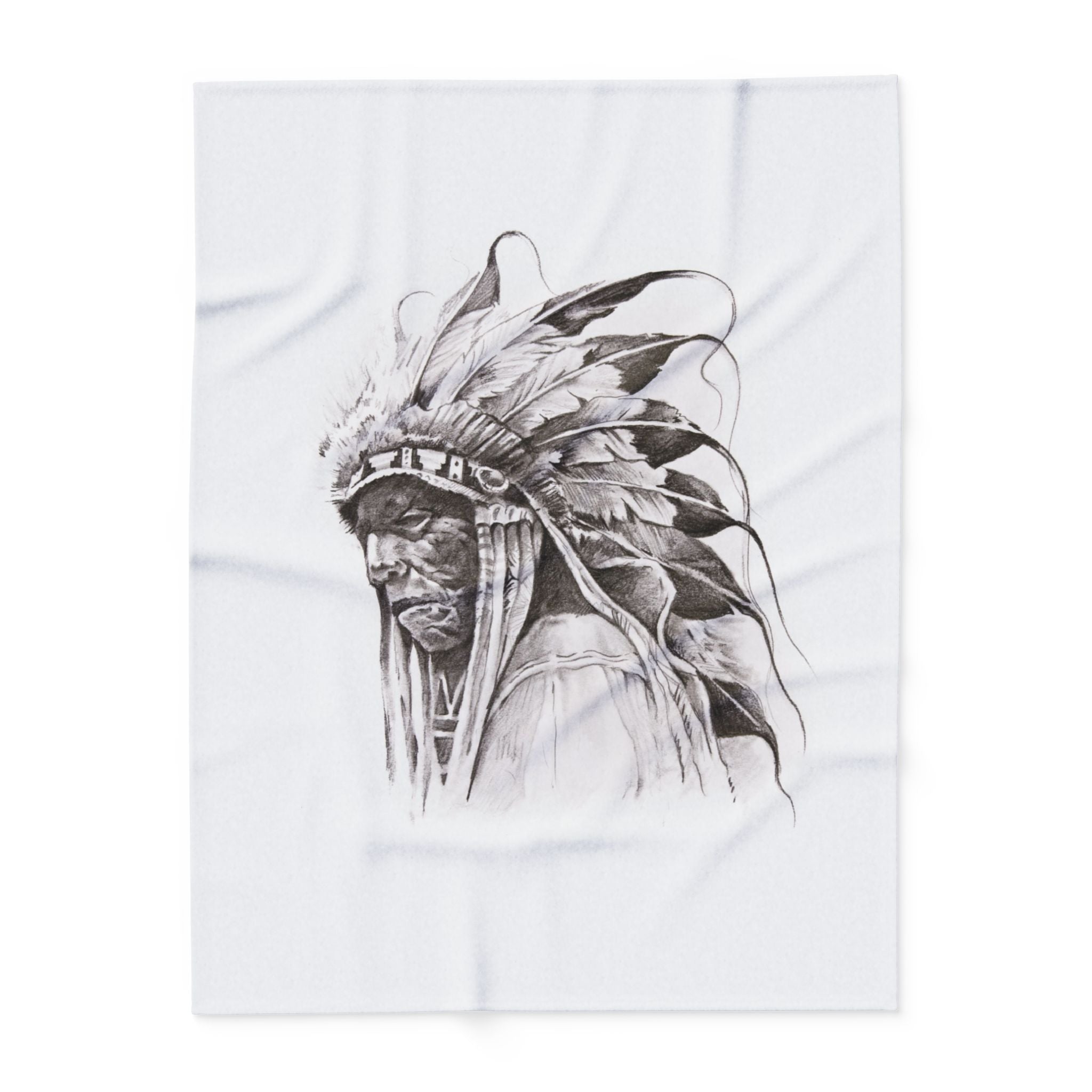 Native Chief Sketch Fleece Blanket — Monochrome Headdress Throw