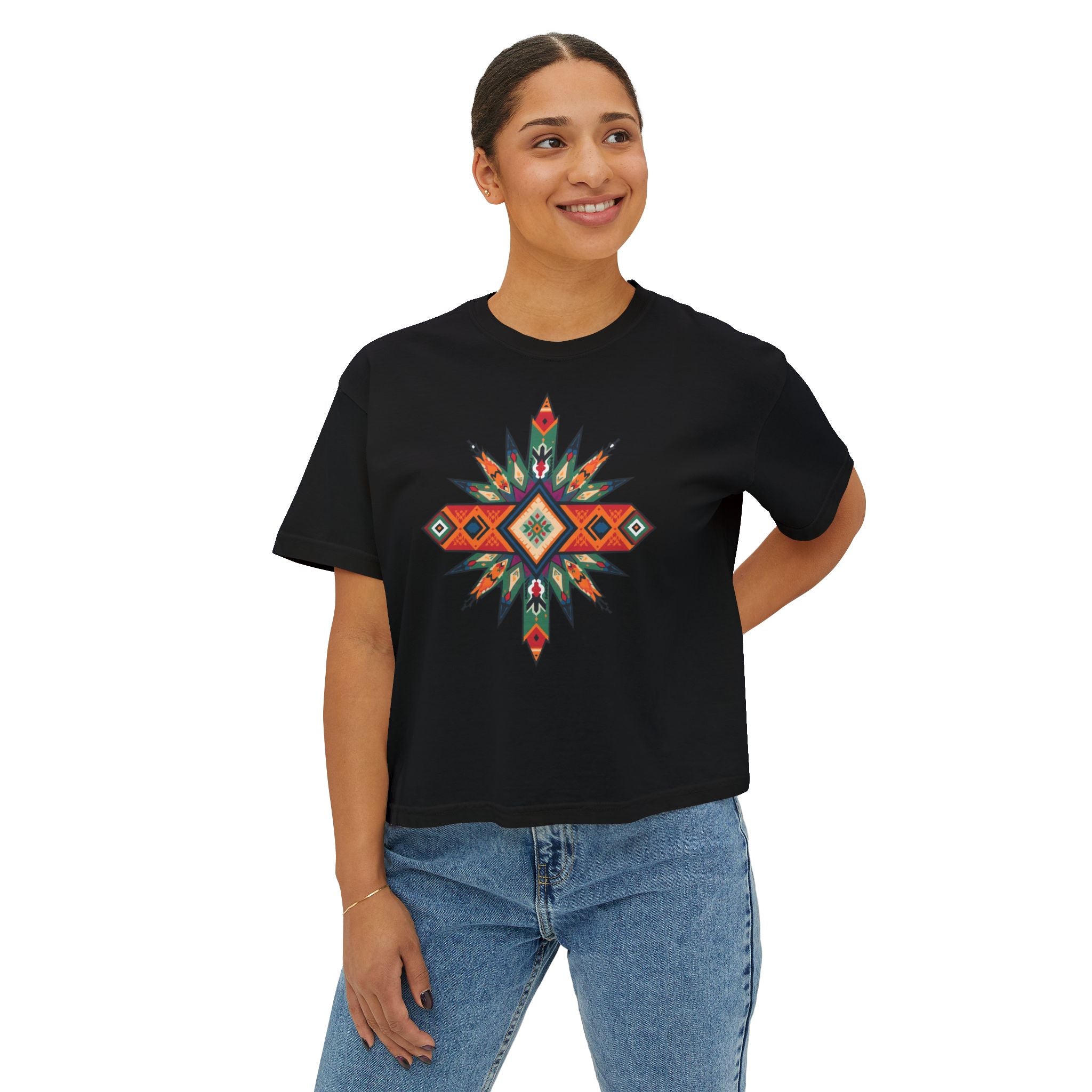 Women's Boxy Tee – Tribal Geometric Graphic