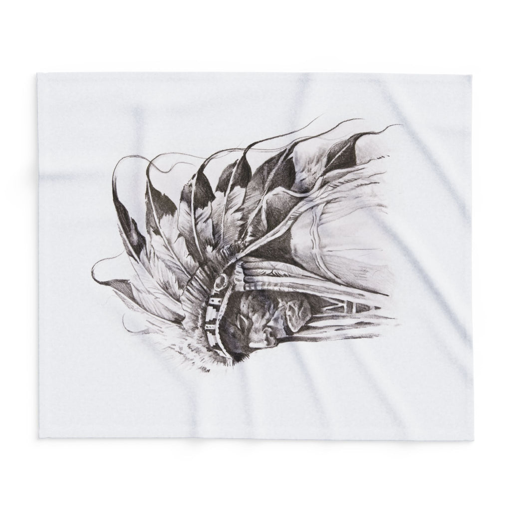 Native Chief Sketch Fleece Blanket — Monochrome Headdress Throw