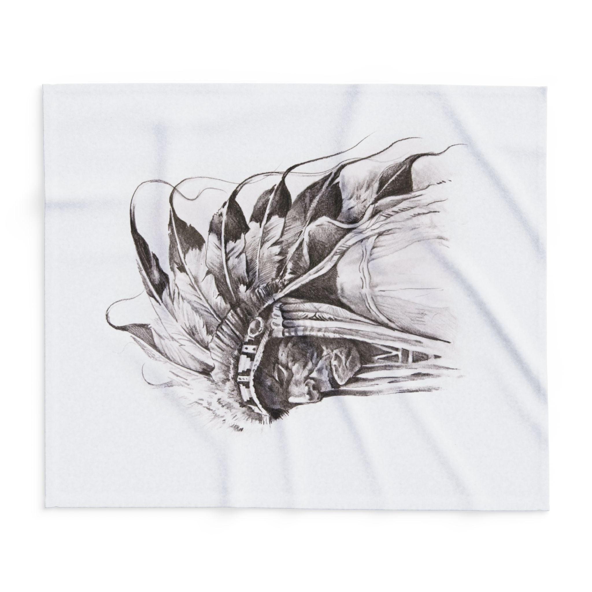 Native Chief Sketch Fleece Blanket — Monochrome Headdress Throw