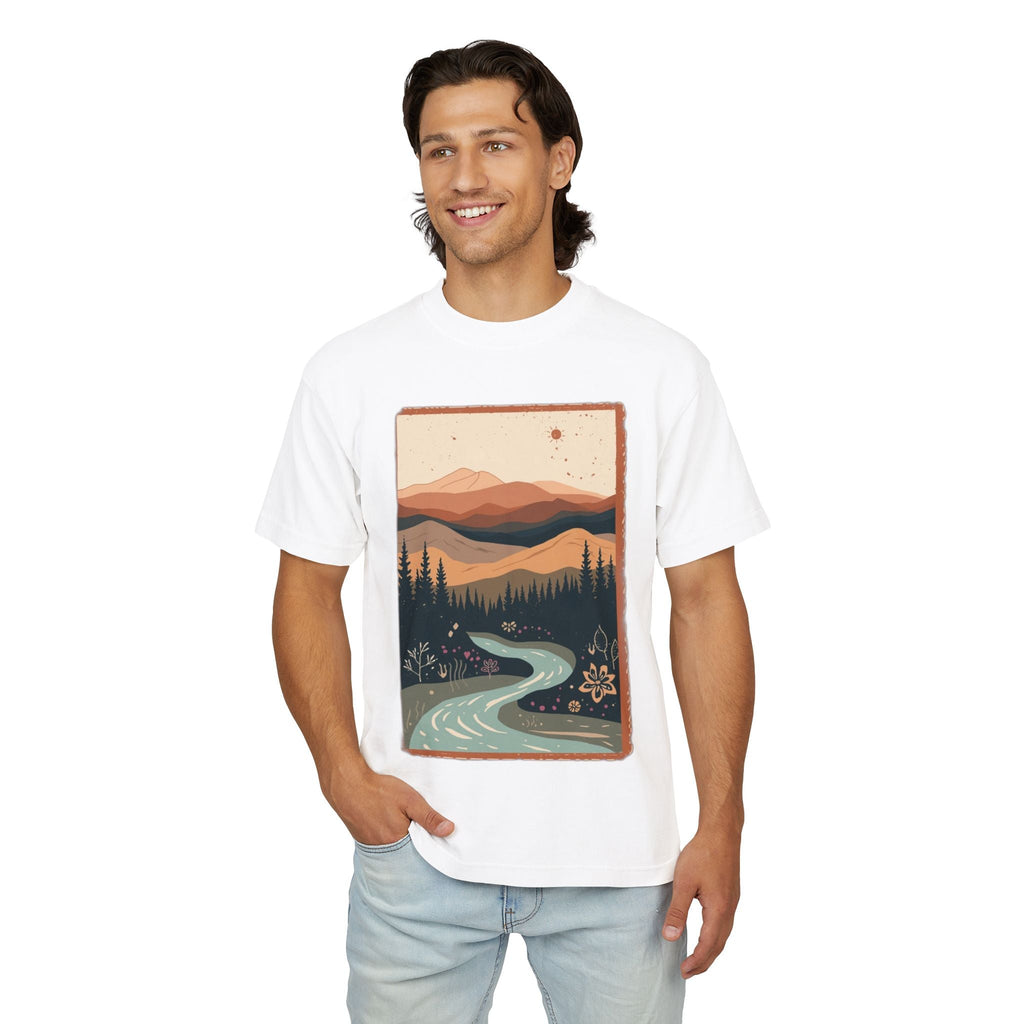 T-shirt graphique nature rivière — T-shirt paysage de montagne rétro