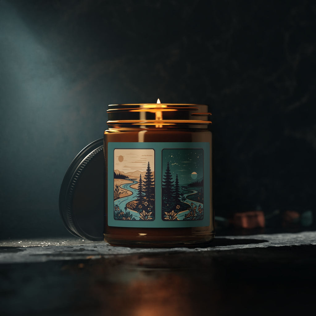 Soy Candle — Rustic Pine & River Scene (Amber Jar, Multi-Size)