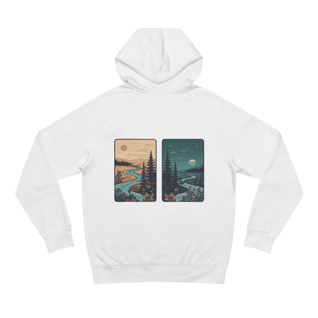 Minimalist Nature Hoodie — Scenic Day & Night River Graphic