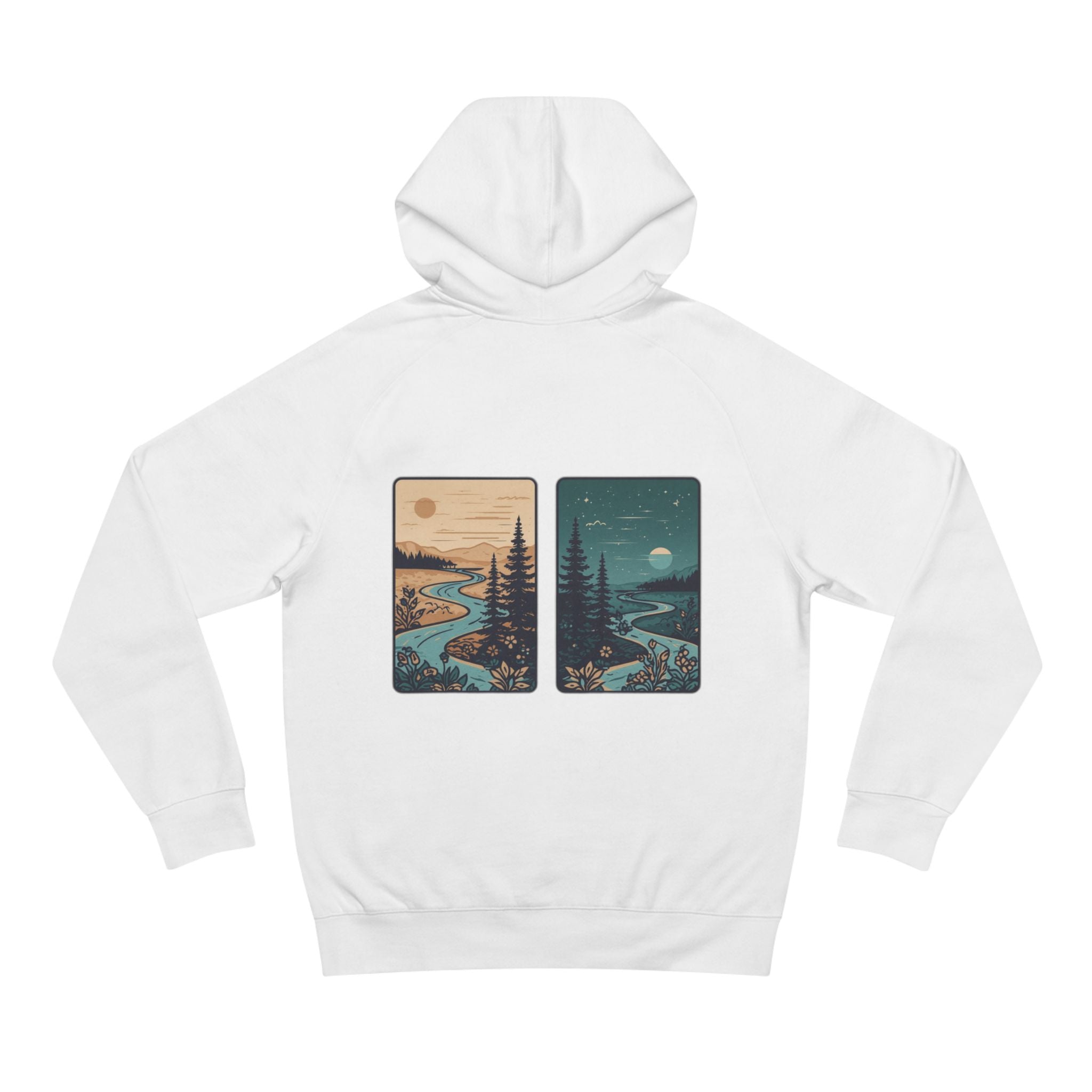 Minimalist Nature Hoodie — Scenic Day & Night River Graphic