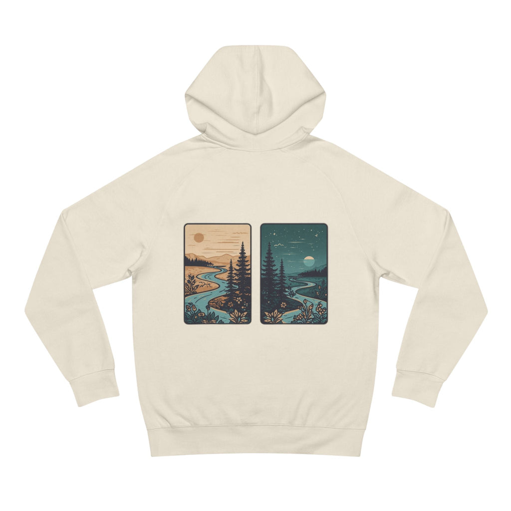 Minimalist Nature Hoodie — Scenic Day & Night River Graphic