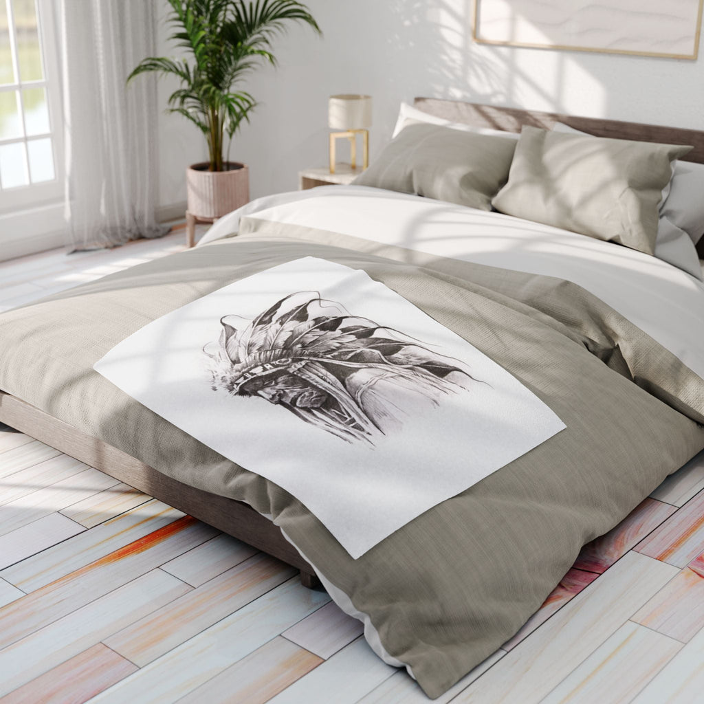 Native Chief Sketch Fleece Blanket — Monochrome Headdress Throw
