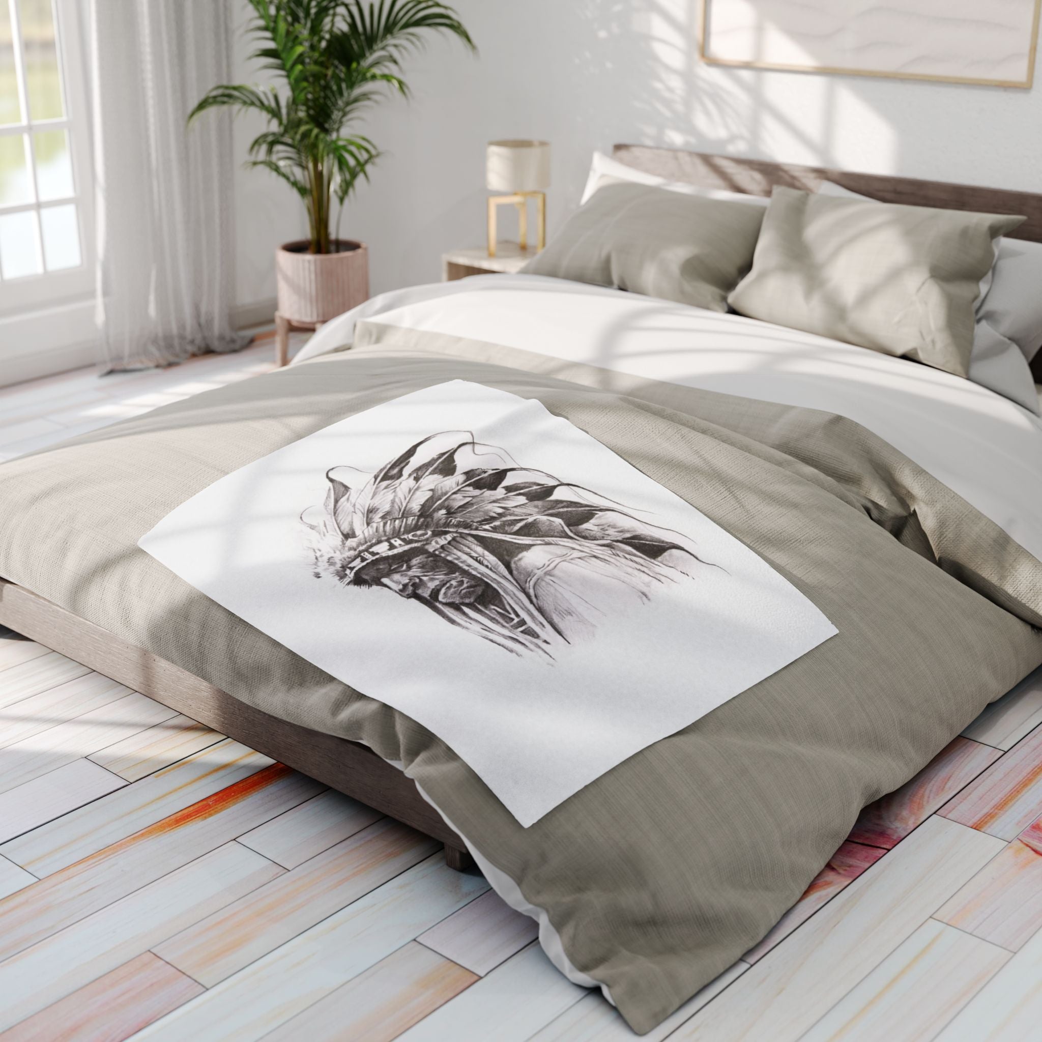 Native Chief Sketch Fleece Blanket — Monochrome Headdress Throw