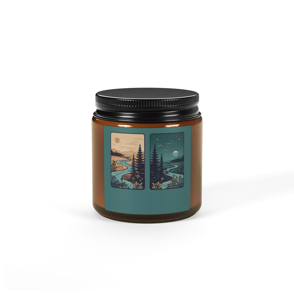Soy Candle — Rustic Pine & River Scene (Amber Jar, Multi-Size)
