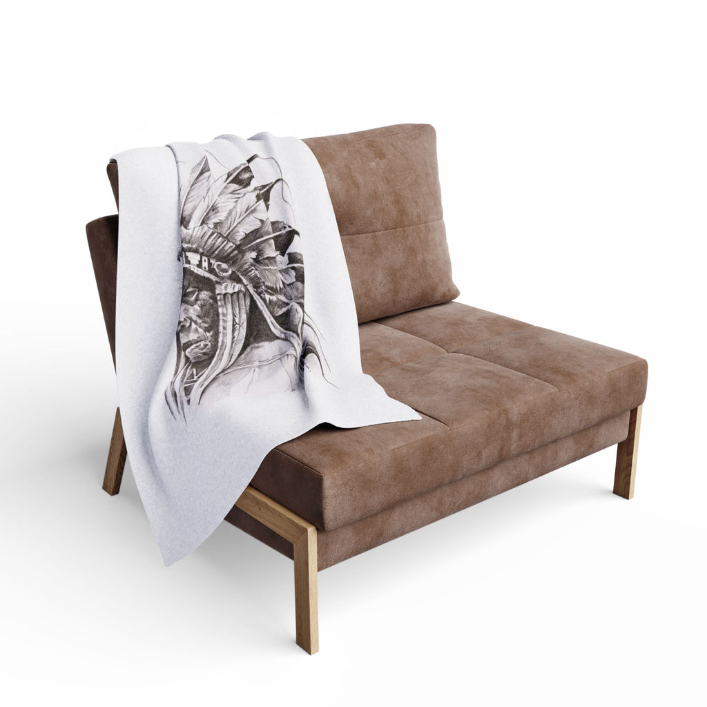 Native Chief Sketch Fleece Blanket — Monochrome Headdress Throw
