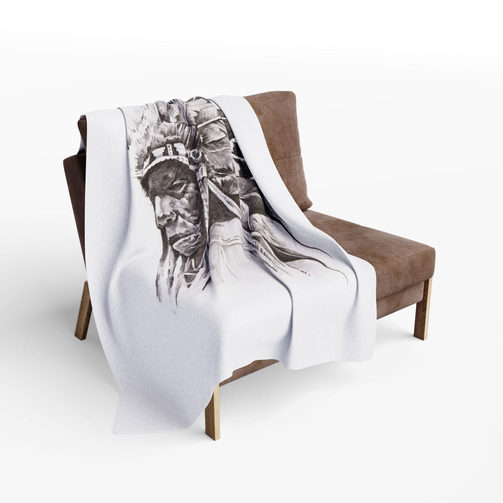 Native Chief Sketch Fleece Blanket — Monochrome Headdress Throw