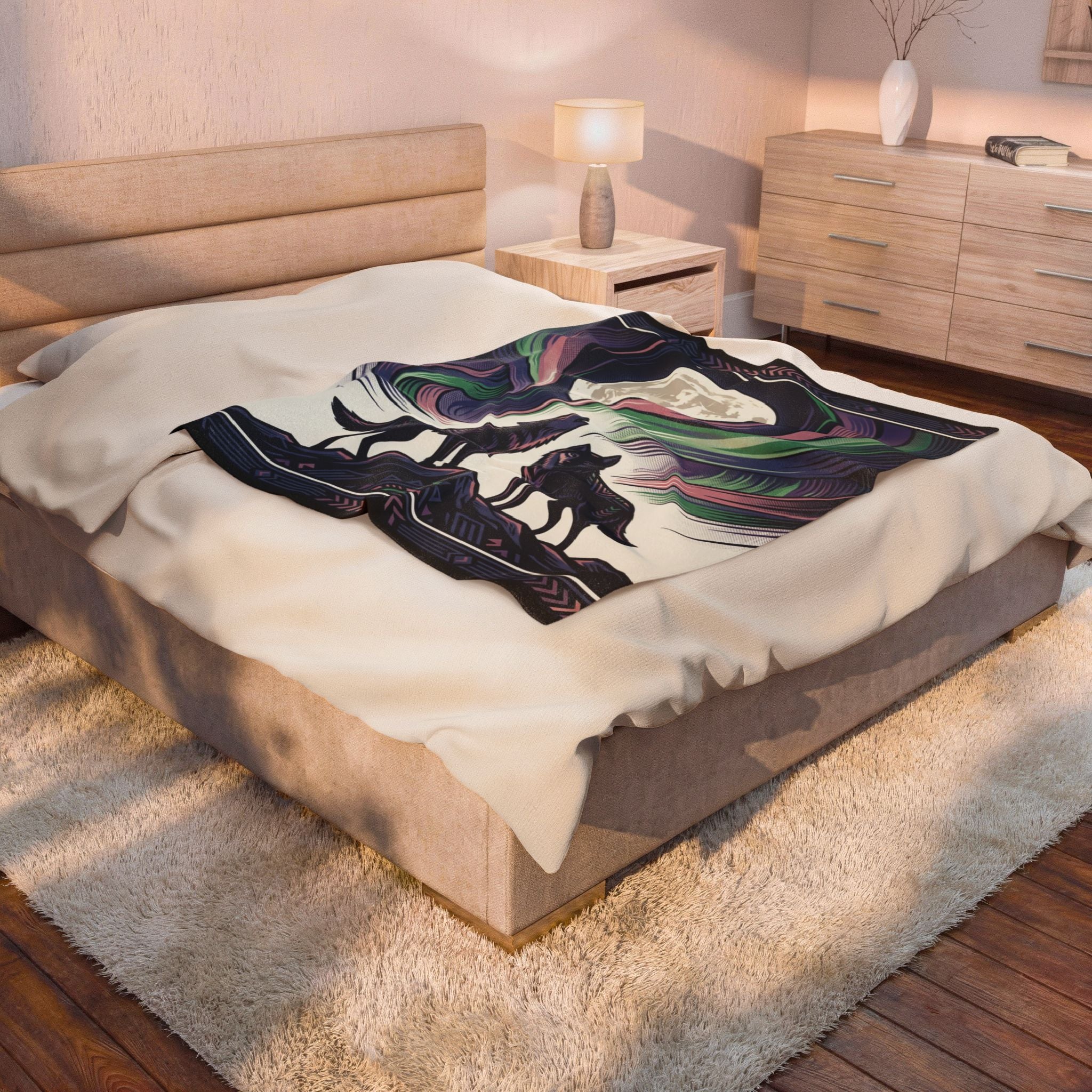 Wolf & Northern Lights—Velveteen Blanket