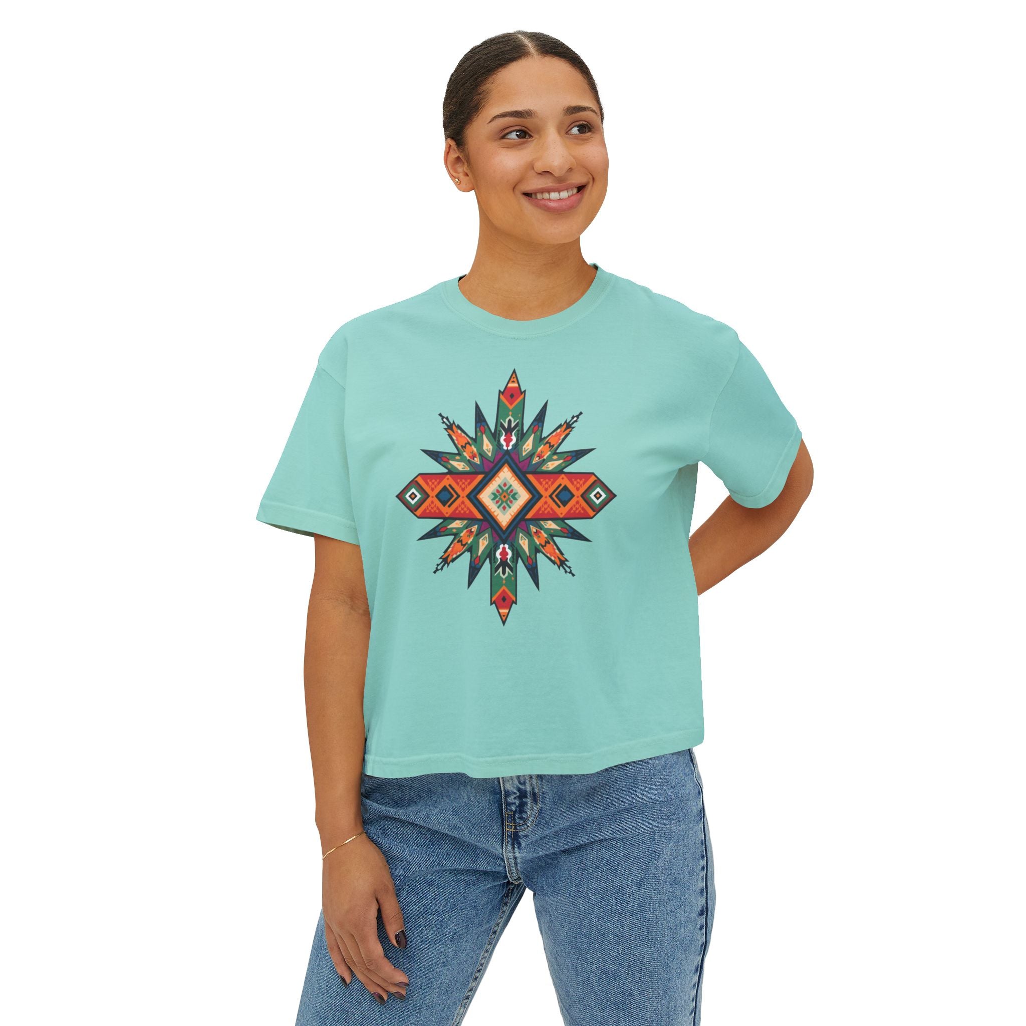 Women's Boxy Tee – Tribal Geometric Graphic