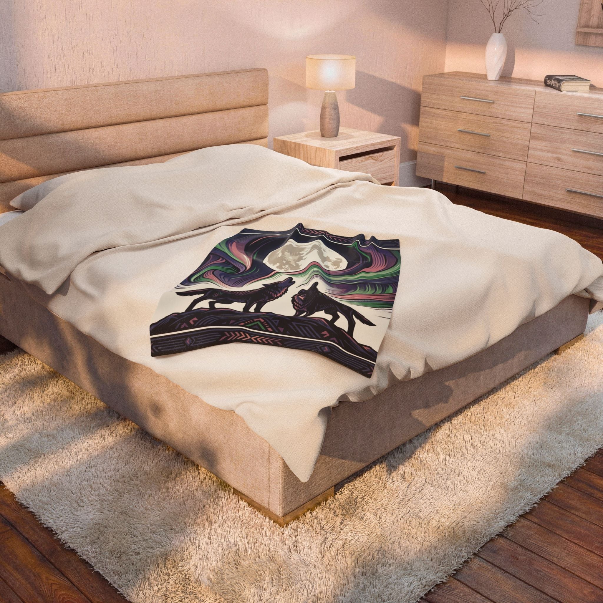 Wolf & Northern Lights—Velveteen Blanket