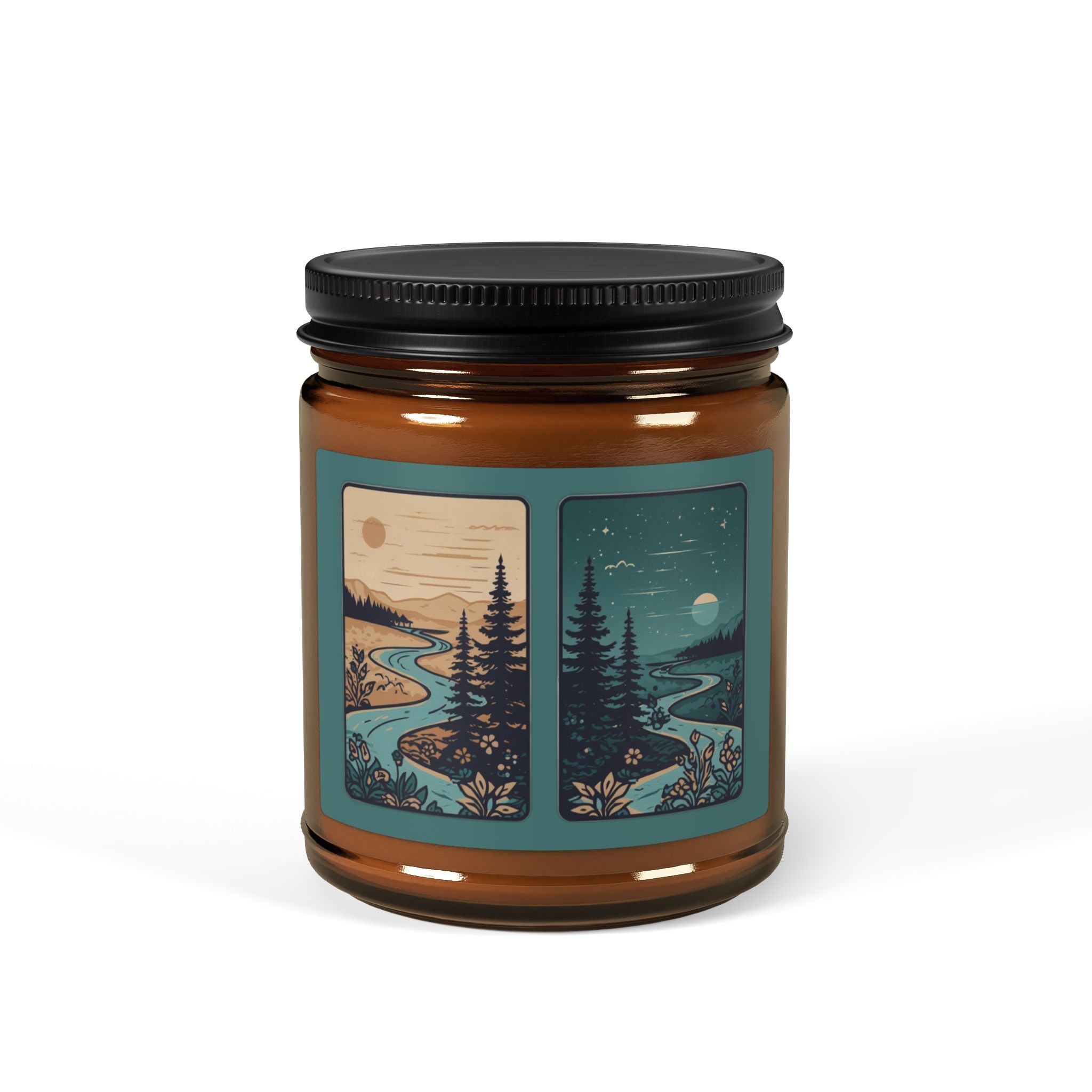Soy Candle — Rustic Pine & River Scene (Amber Jar, Multi-Size)