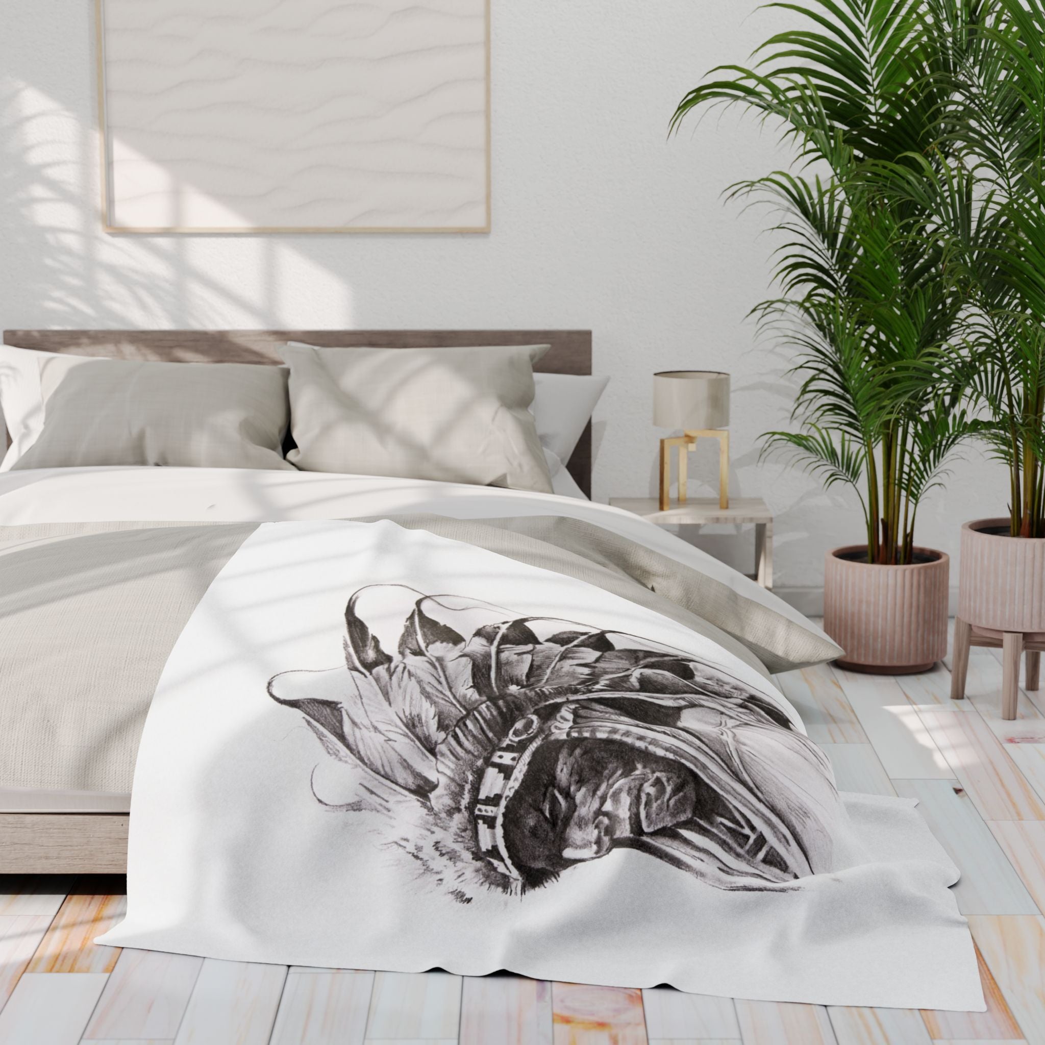 Native Chief Sketch Fleece Blanket — Monochrome Headdress Throw