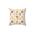 Floral Folk Art Square Pillow — Cream Vintage Flower Pattern Throw Pillow