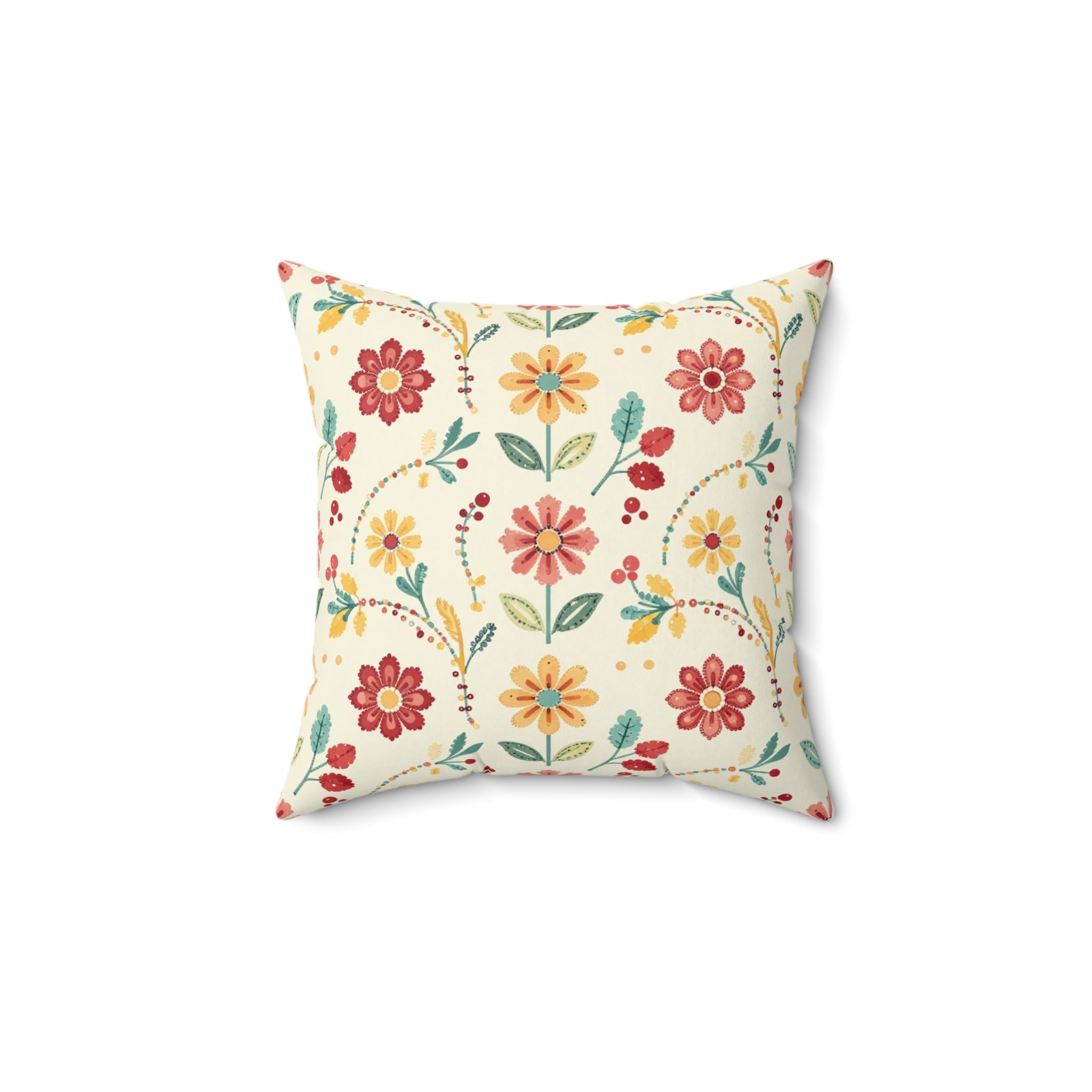 Floral Folk Art Square Pillow — Cream Vintage Flower Pattern Throw Pillow