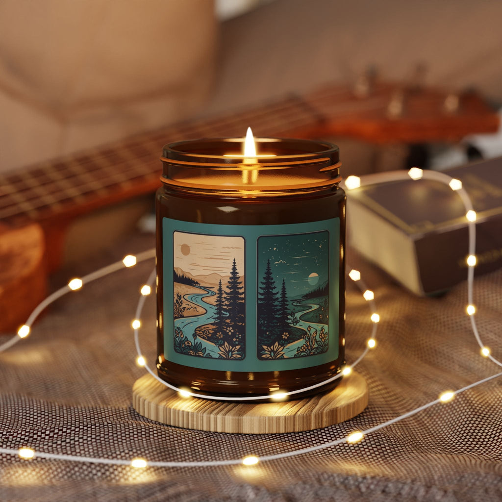 Soy Candle — Rustic Pine & River Scene (Amber Jar, Multi-Size)