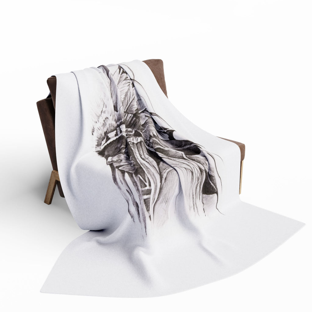 Native Chief Sketch Fleece Blanket — Monochrome Headdress Throw