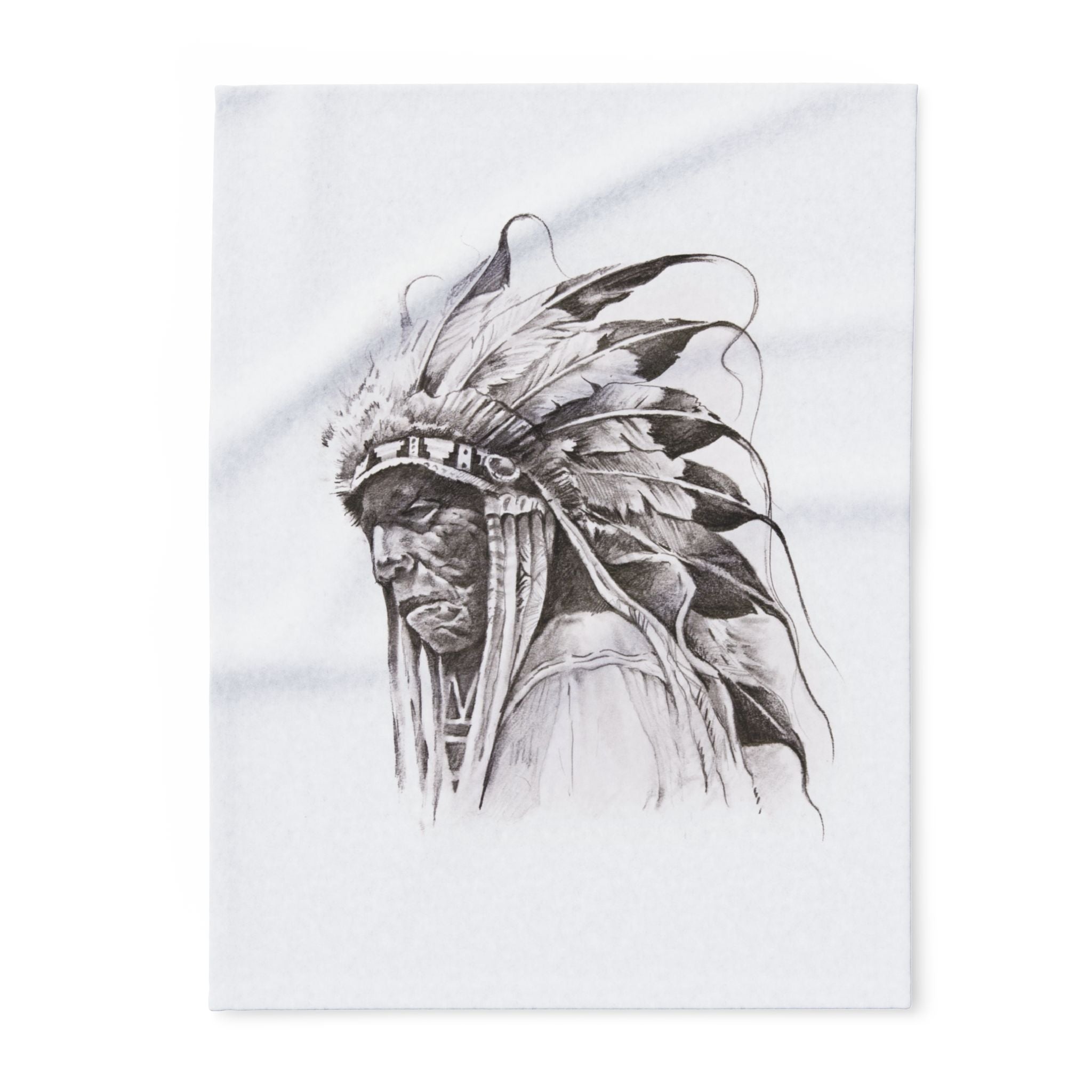 Native Chief Sketch Fleece Blanket — Monochrome Headdress Throw