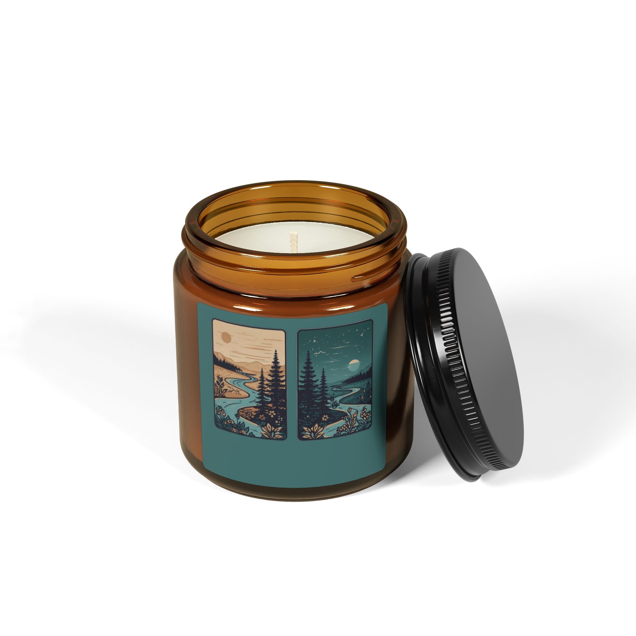 Soy Candle — Rustic Pine & River Scene (Amber Jar, Multi-Size)