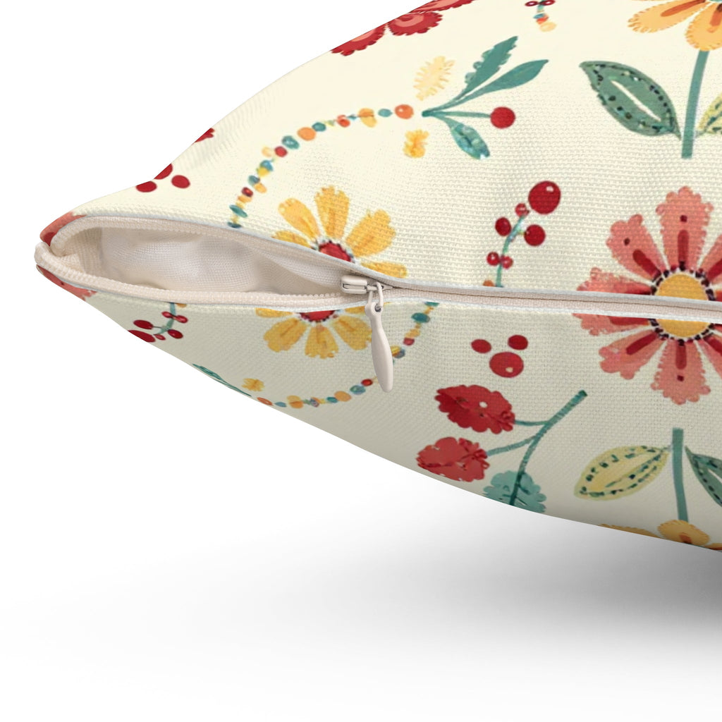 Floral Folk Art Square Pillow — Cream Vintage Flower Pattern Throw Pillow
