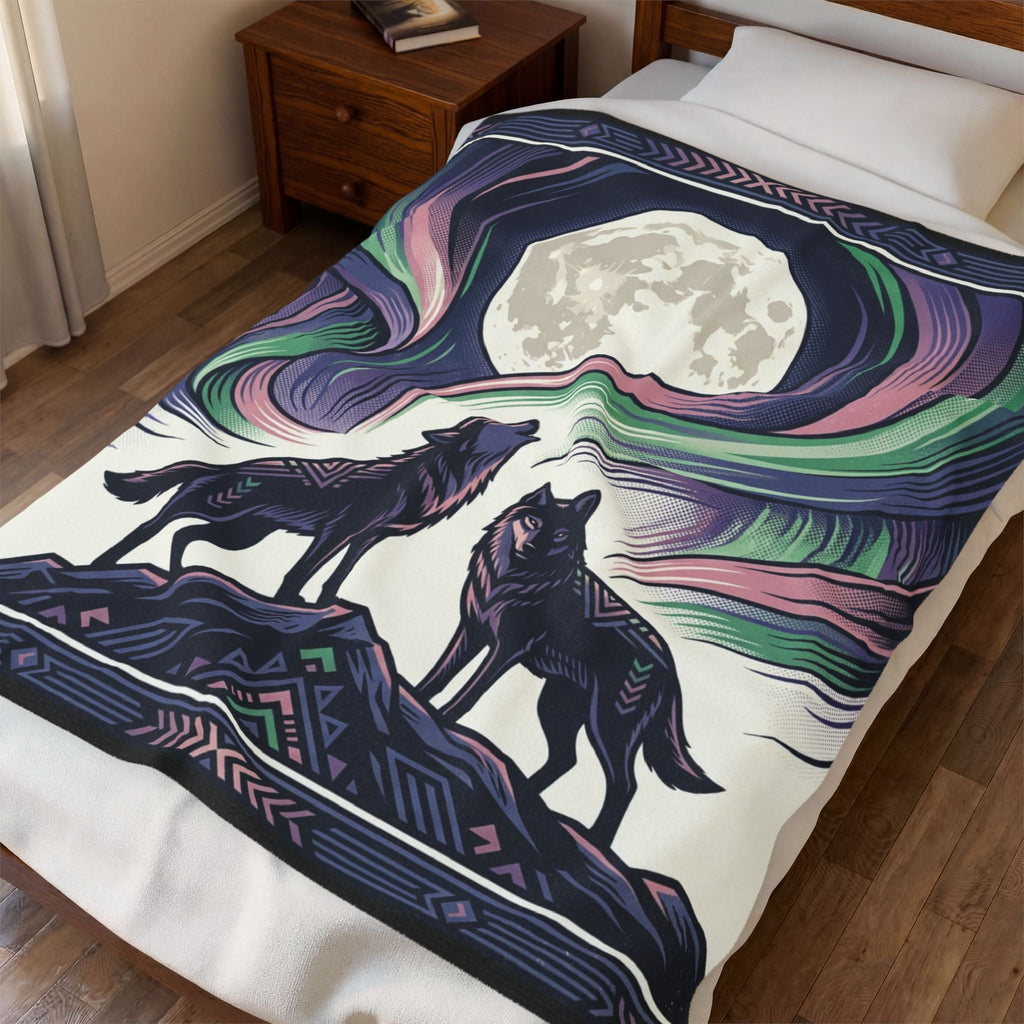 Wolf & Northern Lights—Velveteen Blanket