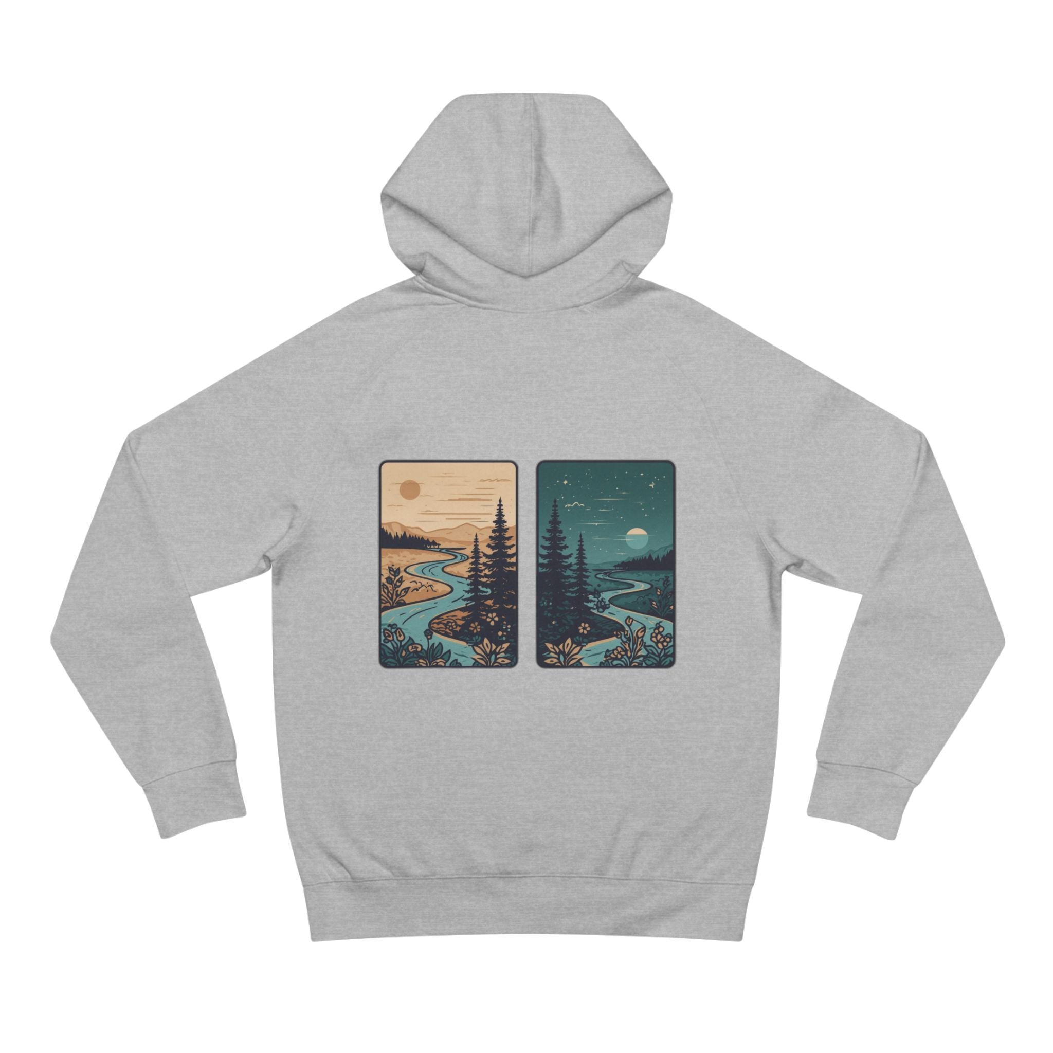 Minimalist Nature Hoodie — Scenic Day & Night River Graphic