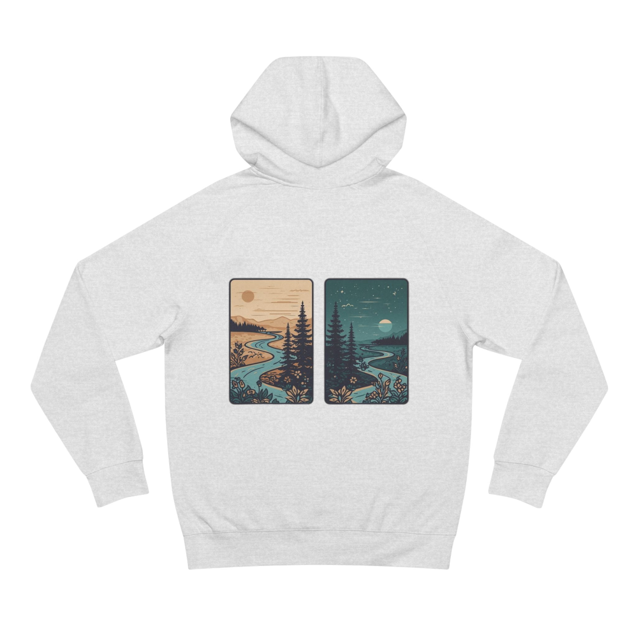 Minimalist Nature Hoodie — Scenic Day & Night River Graphic